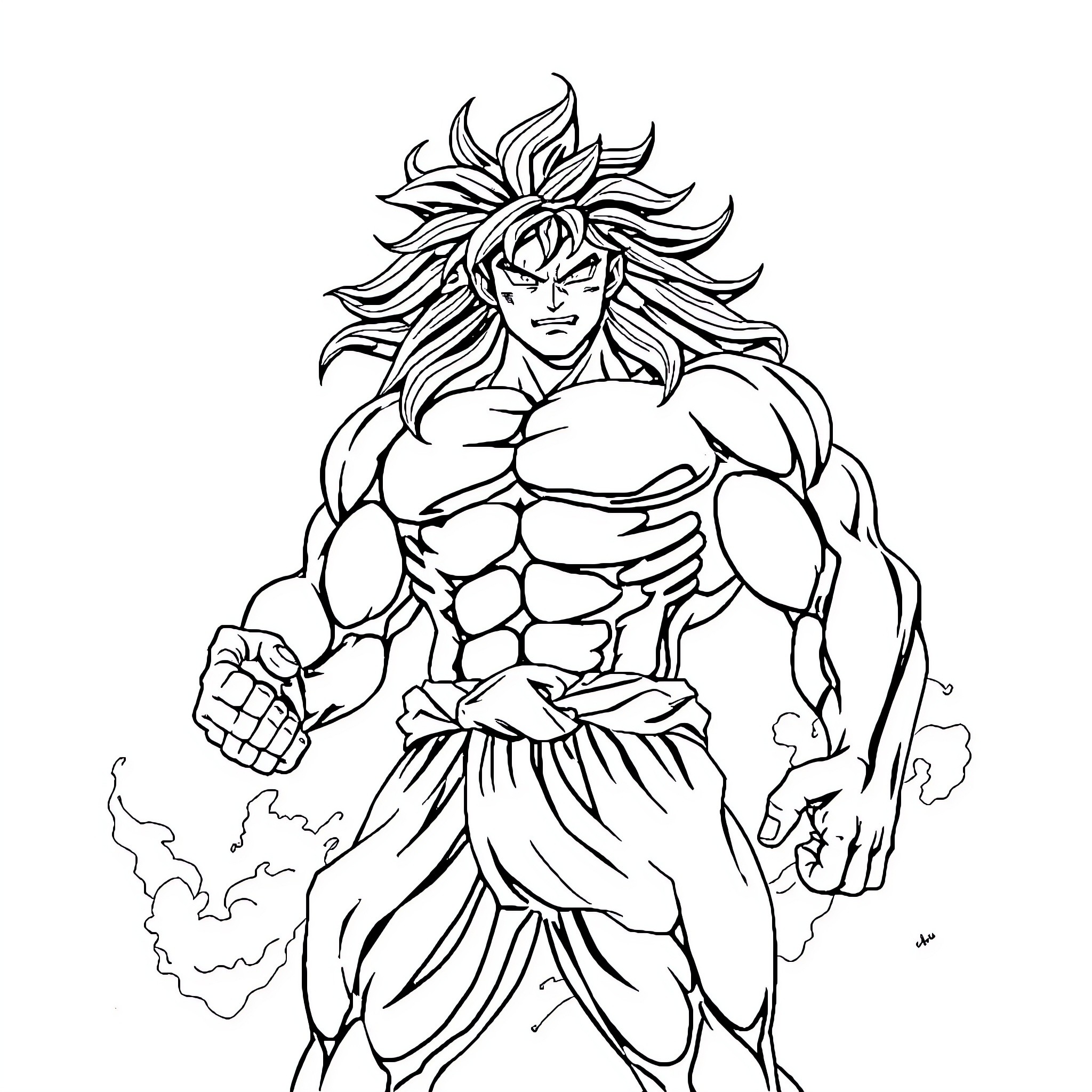 Broly's Fierce Transformation Coloring Page (free black-and-white line drawing printable PDF for all, from beginners to advanced learners, including children, teens, adults, and seniors)