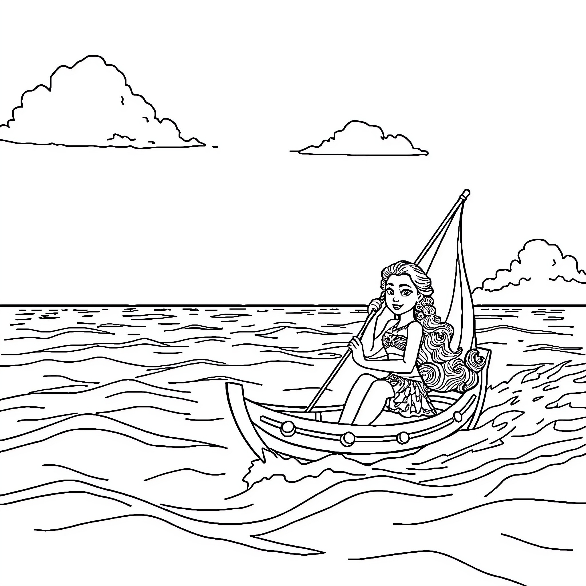 Moana sailing her boat on the ocean Coloring Page (free black-and-white line drawing printable PDF for all, from beginners to advanced learners, including children, teens, adults, and seniors)