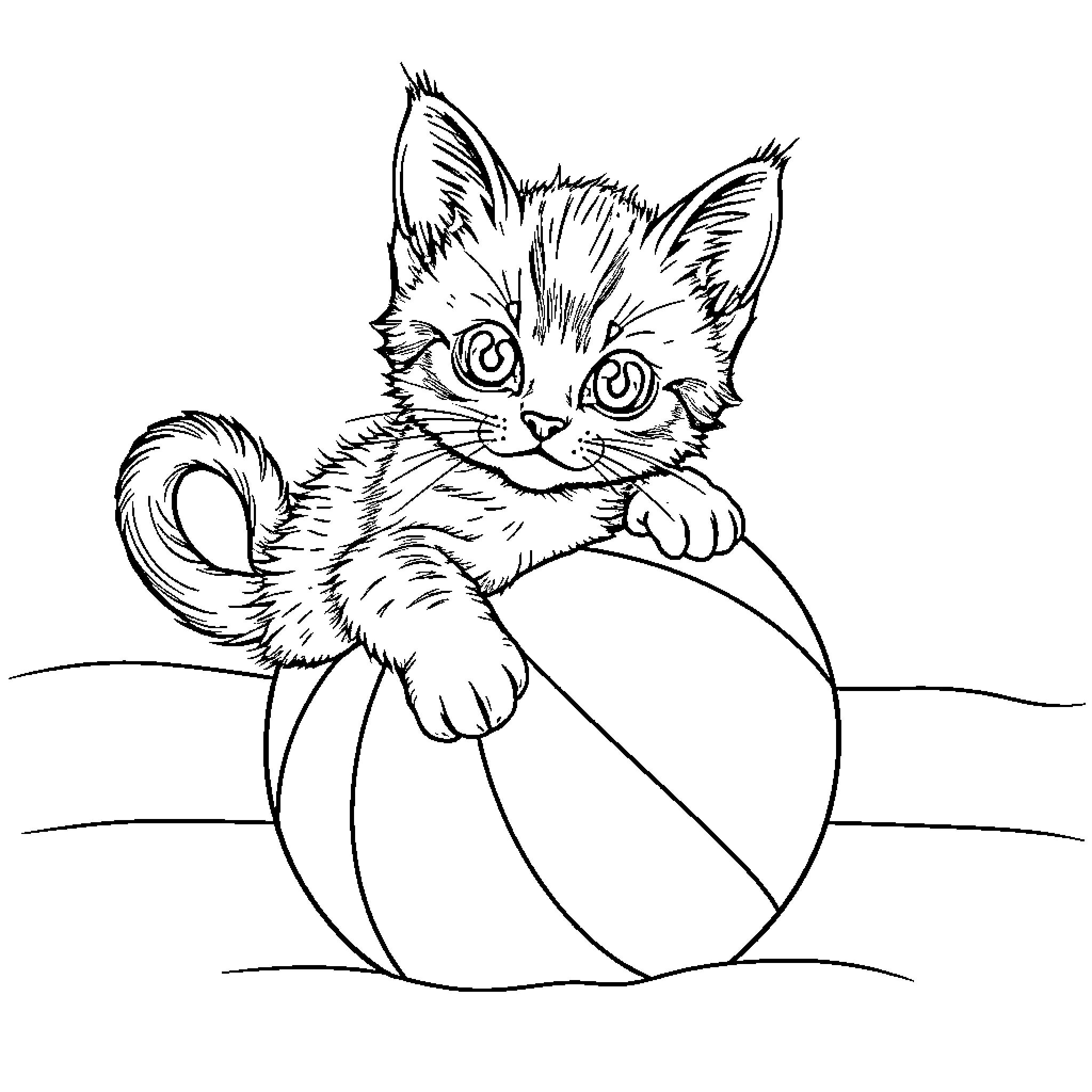 Kitten playing with a large ball Coloring Page (free black-and-white line drawing printable PDF for all, from beginners to advanced learners, including children, teens, adults, and seniors)