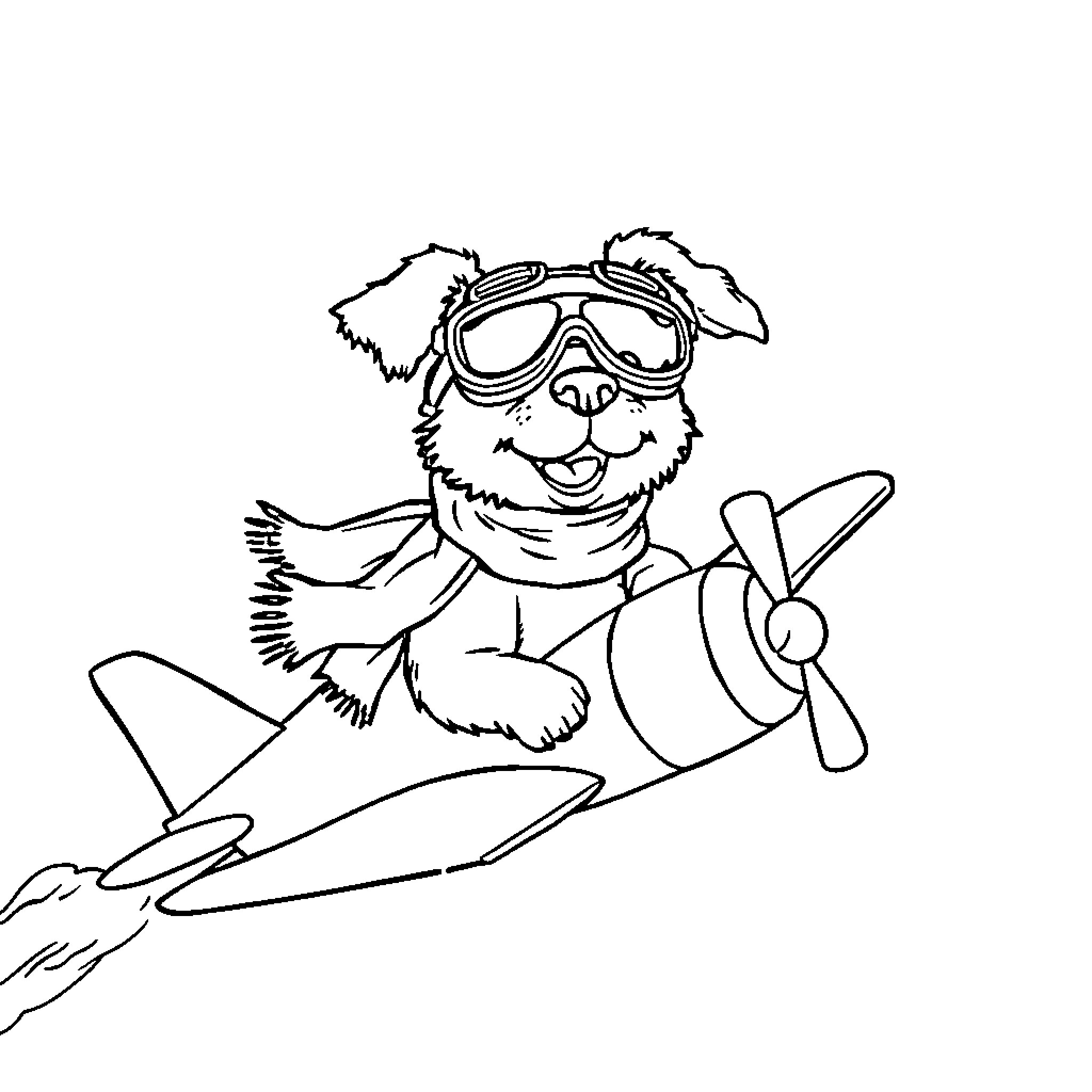 Dog flying on a plane with goggles Coloring Page (free black-and-white line drawing printable PDF for all, from beginners to advanced learners, including children, teens, adults, and seniors)