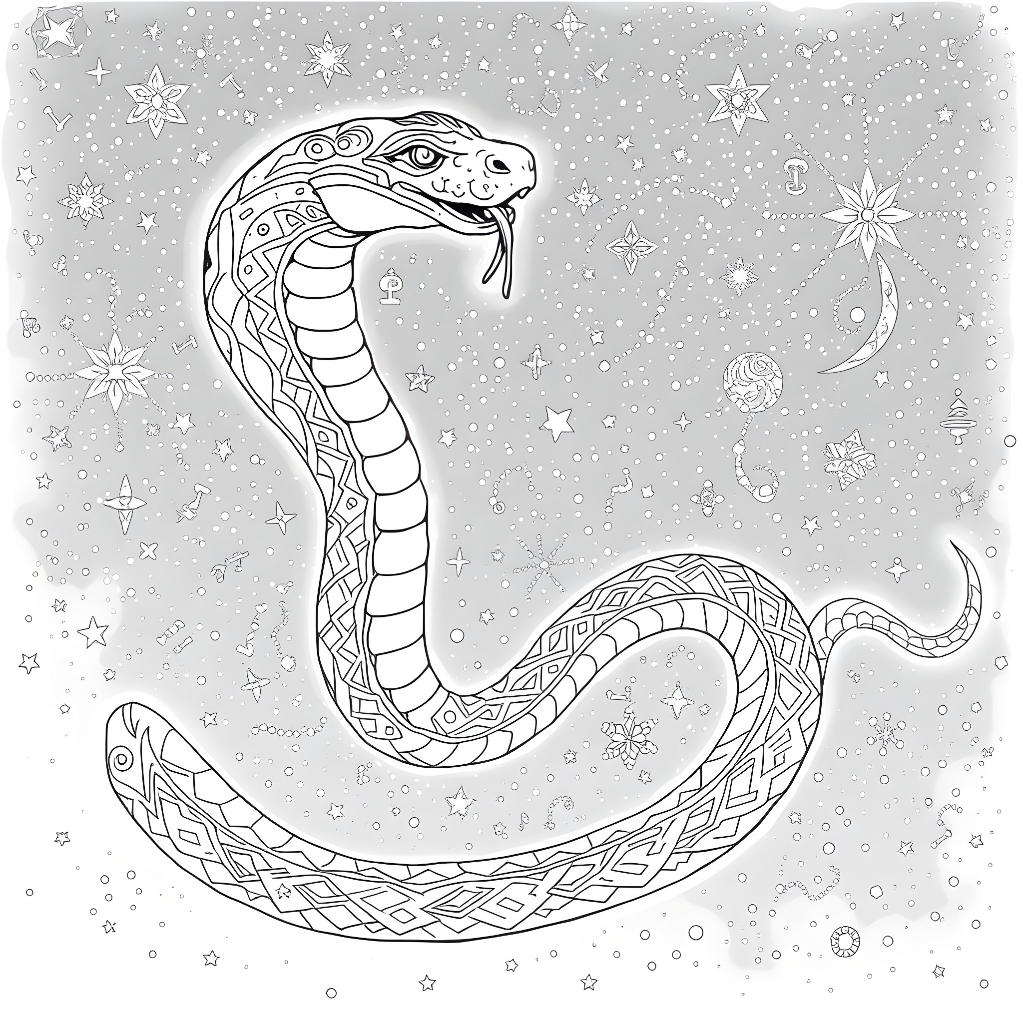 Snake in a starry night Coloring Page (free black-and-white line drawing printable PDF for all, from beginners to advanced learners, including children, teens, adults, and seniors)