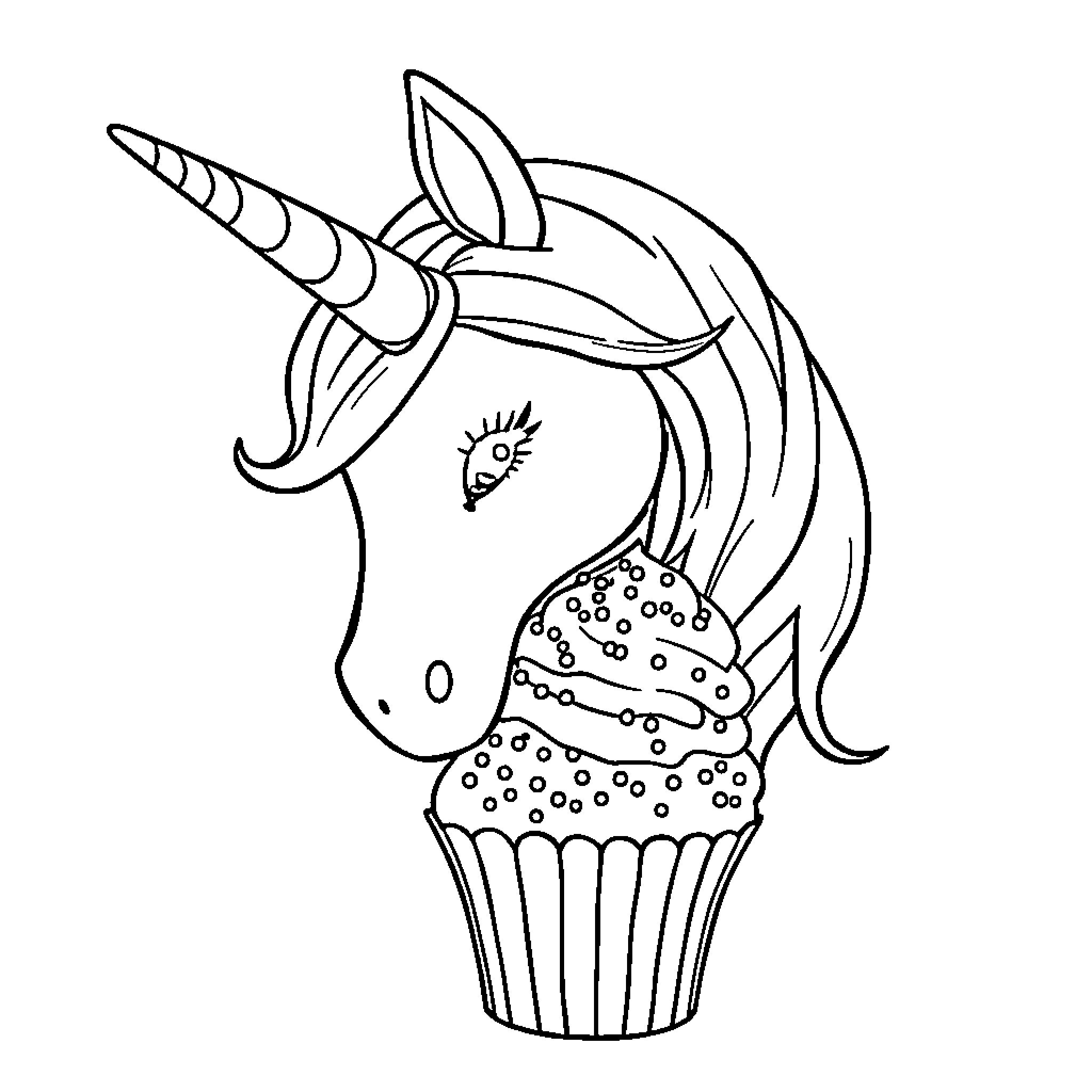 Unicorn cupcake with whimsical design Coloring Page (free black-and-white line drawing printable PDF for all, from beginners to advanced learners, including children, teens, adults, and seniors)