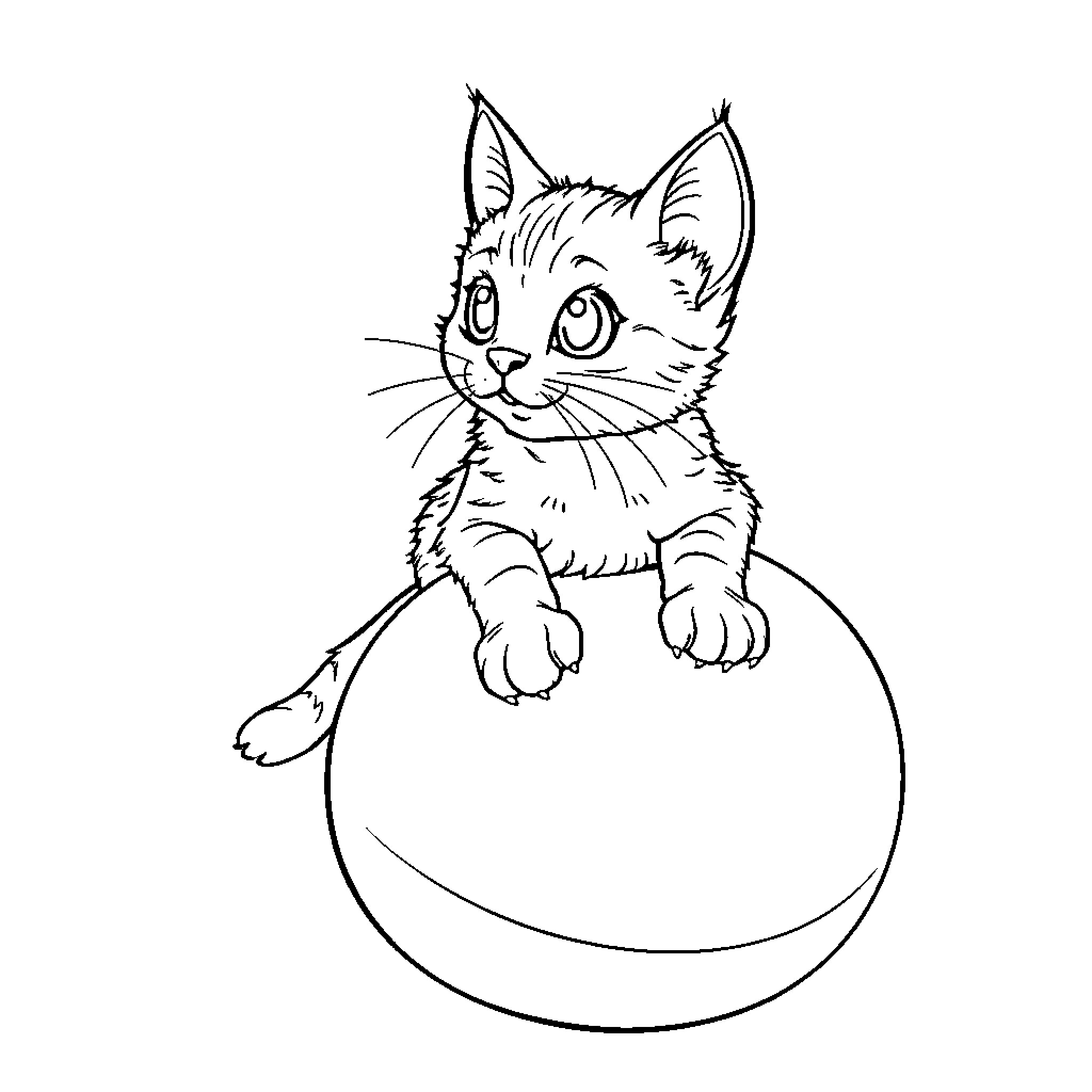 Cat playing on a ball Coloring Page (free black-and-white line drawing printable PDF for all, from beginners to advanced learners, including children, teens, adults, and seniors)