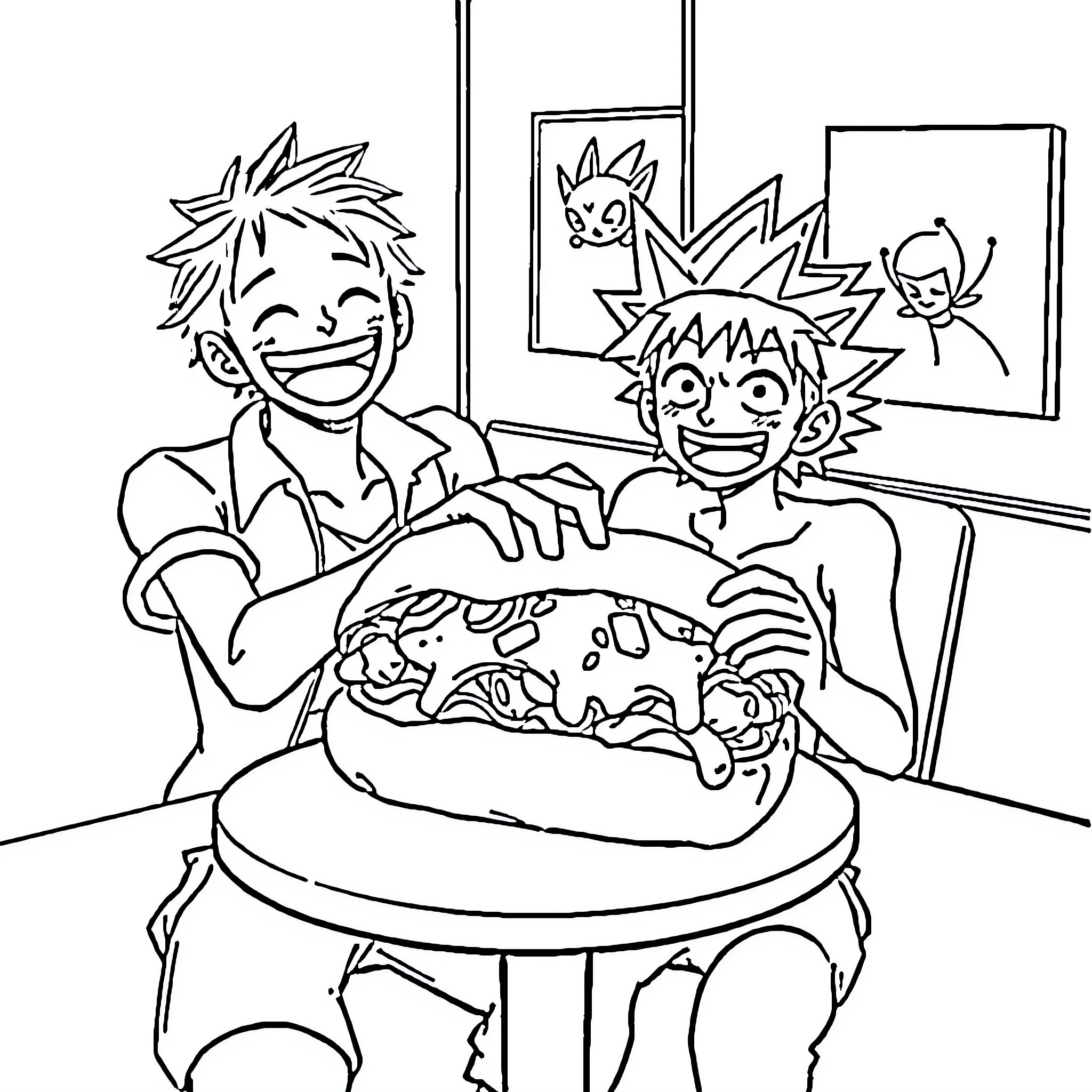 Luffy Celebrates with Friends over a Festive Cake Coloring Page (free black-and-white line drawing printable PDF for all, from beginners to advanced learners, including children, teens, adults, and seniors)