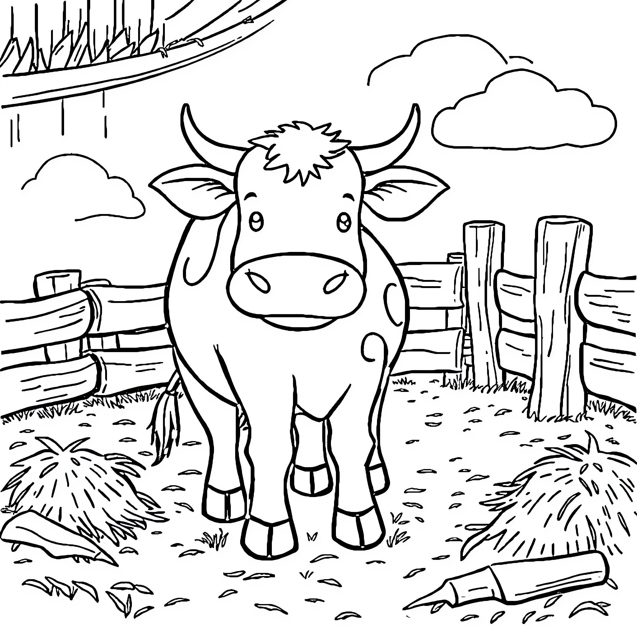 Cow standing in a farmyard scene Coloring Page (free black-and-white line drawing printable PDF for all, from beginners to advanced learners, including children, teens, adults, and seniors)