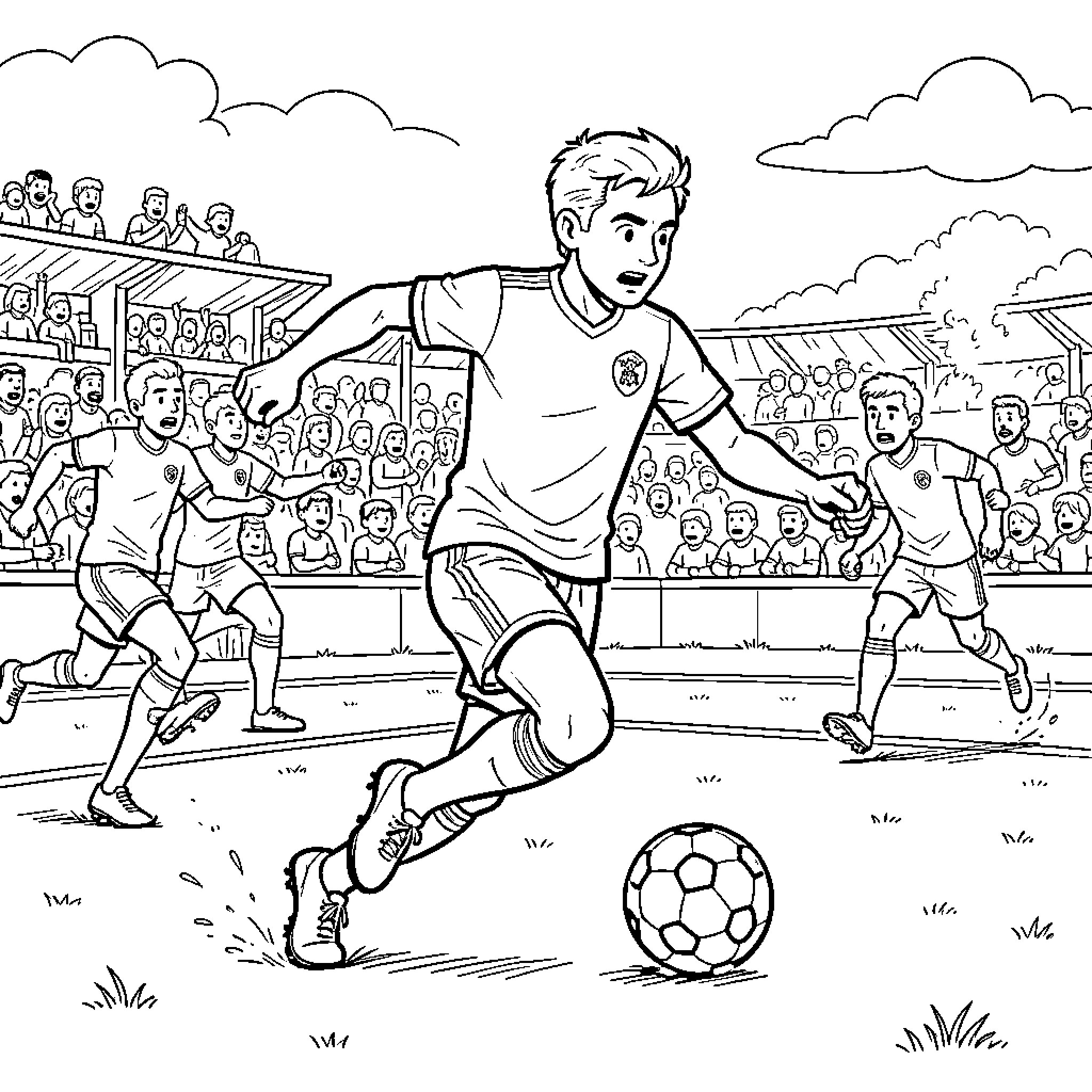 Florian Sotoca playing soccer in a crowded stadium Coloring Page (free black-and-white line drawing printable PDF for all, from beginners to advanced learners, including children, teens, adults, and seniors)