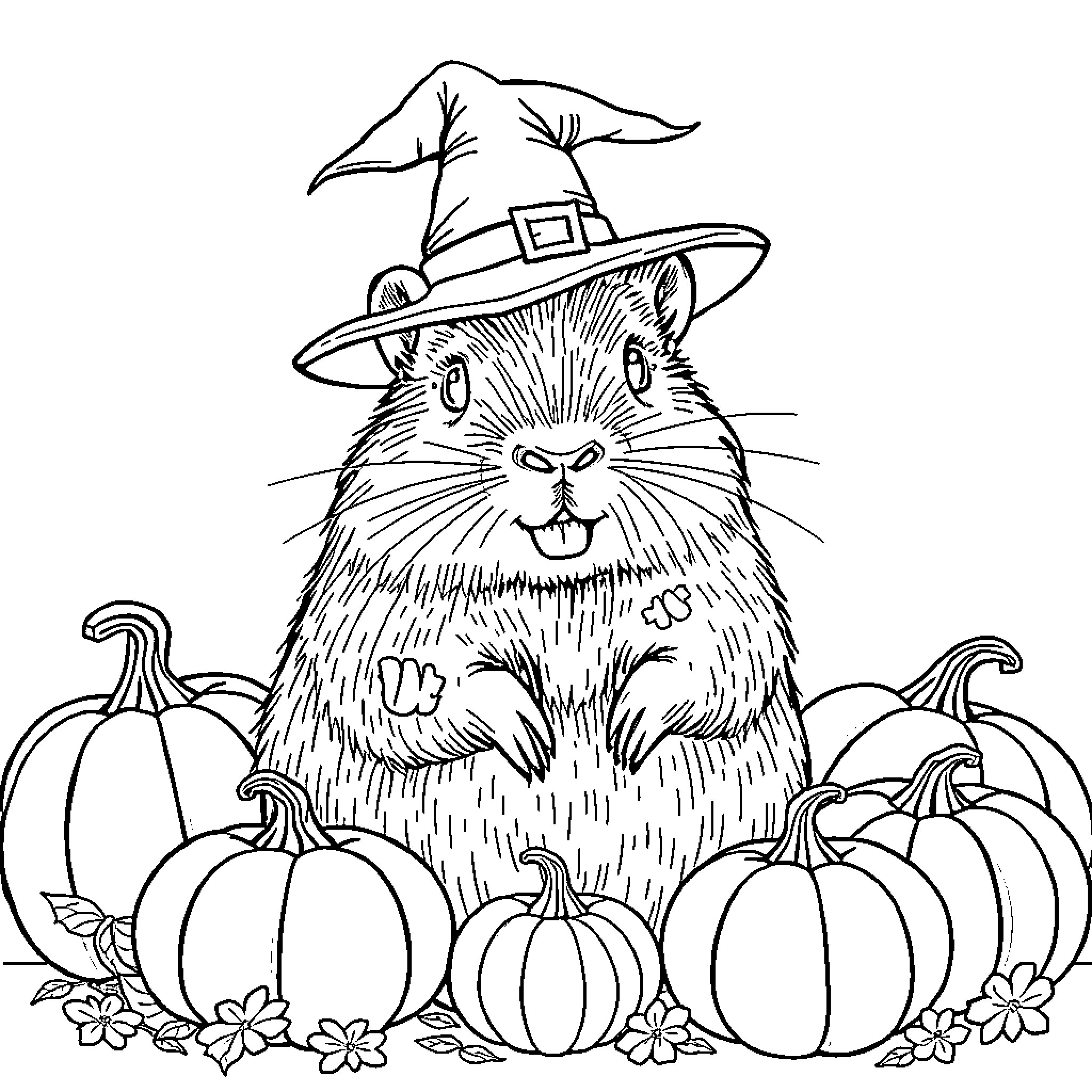 Capybara Wearing Witch Hat and Surrounded by Pumpkins Coloring Page (free black-and-white line drawing printable PDF for all, from beginners to advanced learners, including children, teens, adults, and seniors)