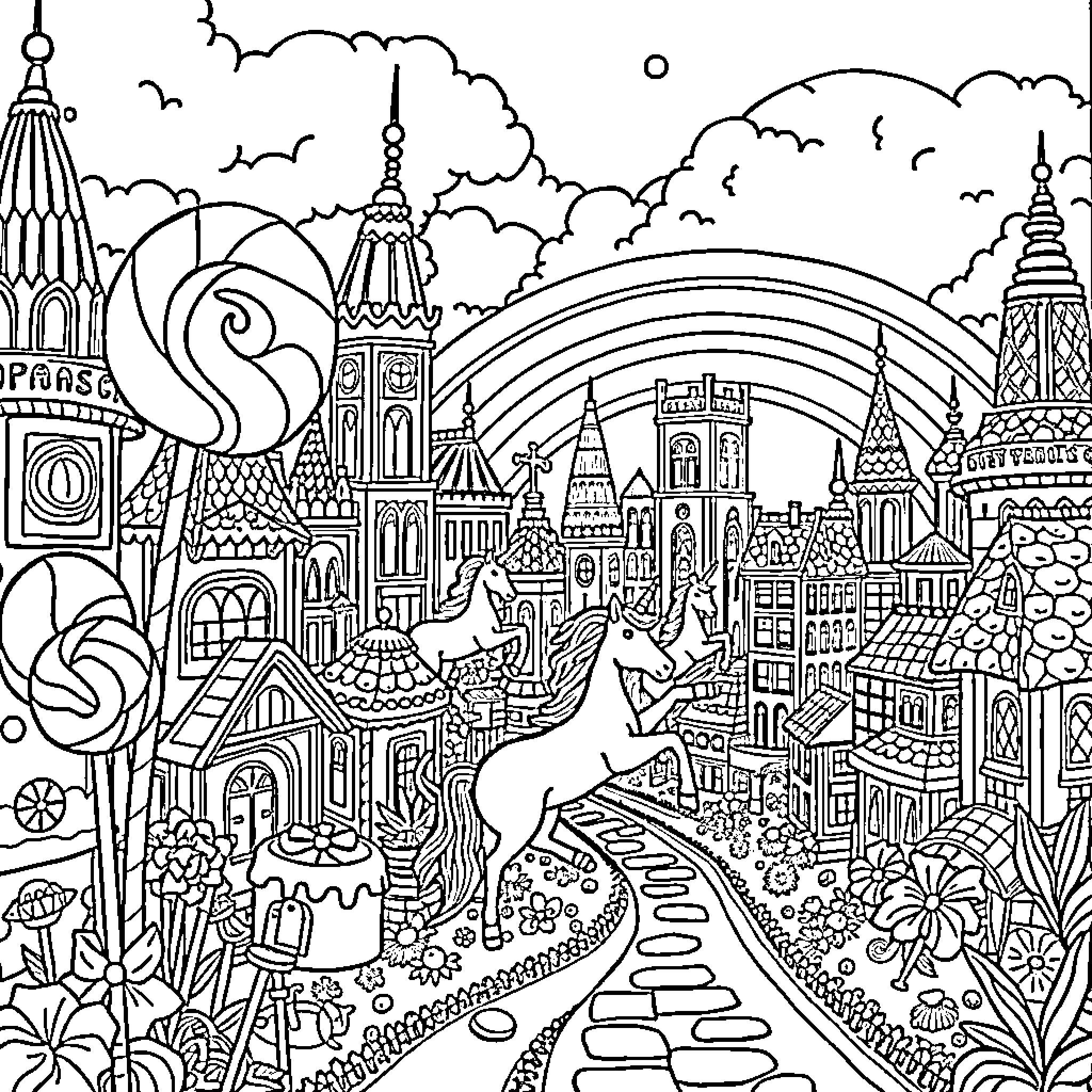 Candy Wonderland: A Whimsical Cityscape Adventure Coloring Page (free black-and-white line drawing printable PDF for all, from beginners to advanced learners, including children, teens, adults, and seniors)