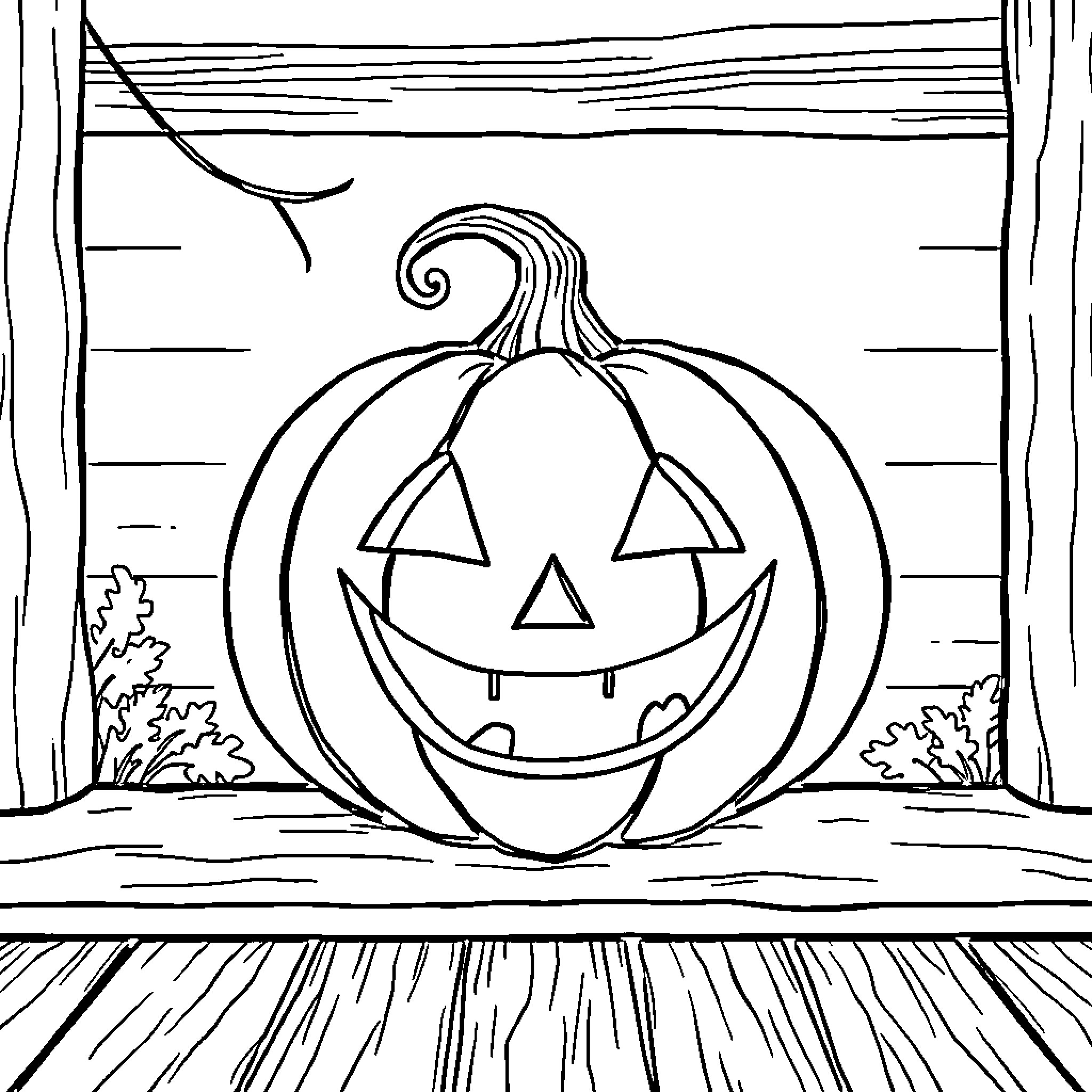 Jack-o'-lantern smiling in a spooky setting Coloring Page (free black-and-white line drawing printable PDF for all, from beginners to advanced learners, including children, teens, adults, and seniors)