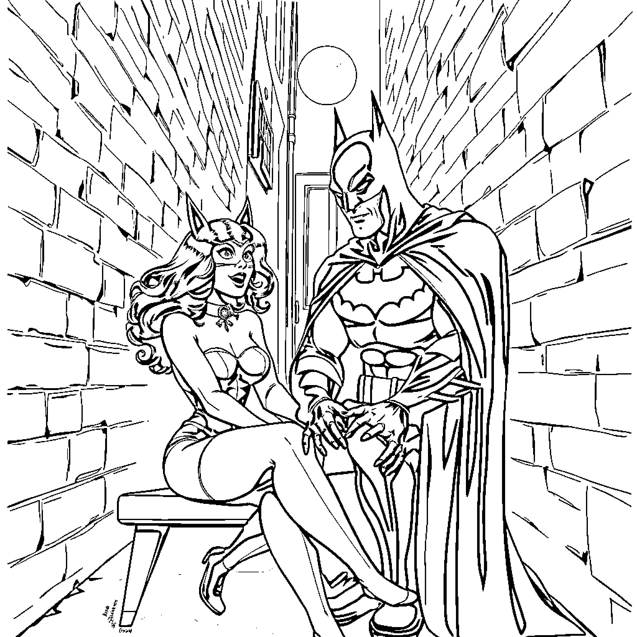 Cat Woman and Batman in action scene Coloring Page (free black-and-white line drawing printable PDF for all, from beginners to advanced learners, including children, teens, adults, and seniors)