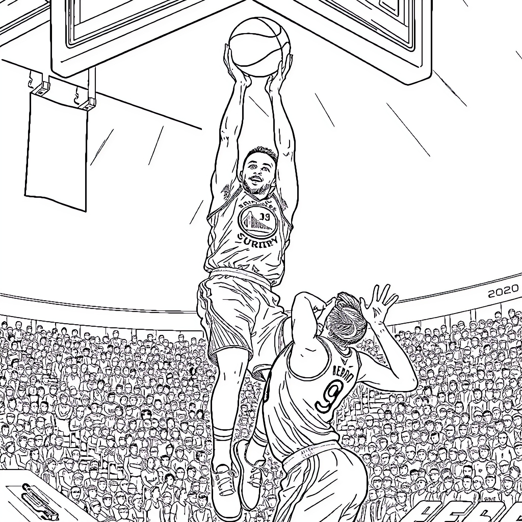 Stephen Curry playing basketball in a game Coloring Page (free black-and-white line drawing printable PDF for all, from beginners to advanced learners, including children, teens, adults, and seniors)