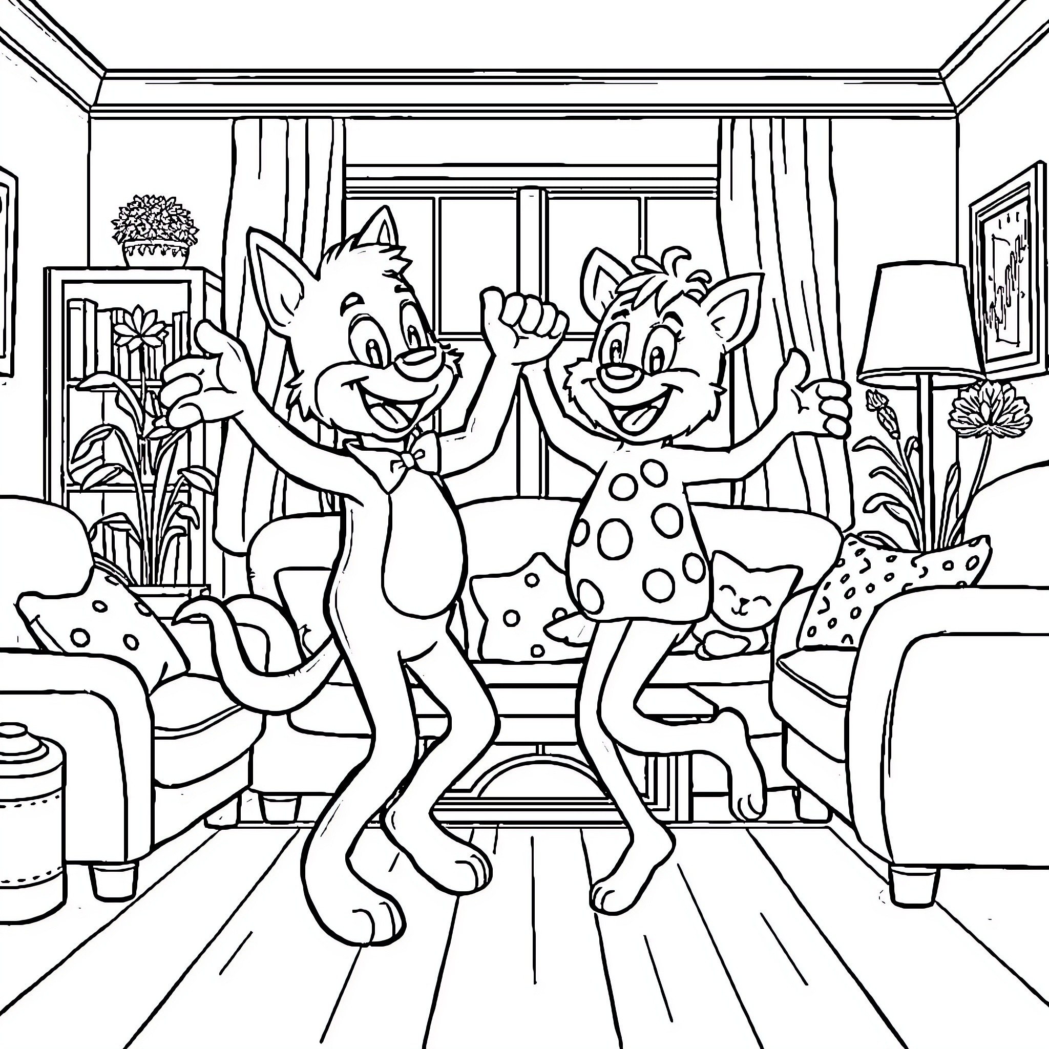 Bluey's Animated Family Fun at Home Coloring Page (free black-and-white line drawing printable PDF for all, from beginners to advanced learners, including children, teens, adults, and seniors)