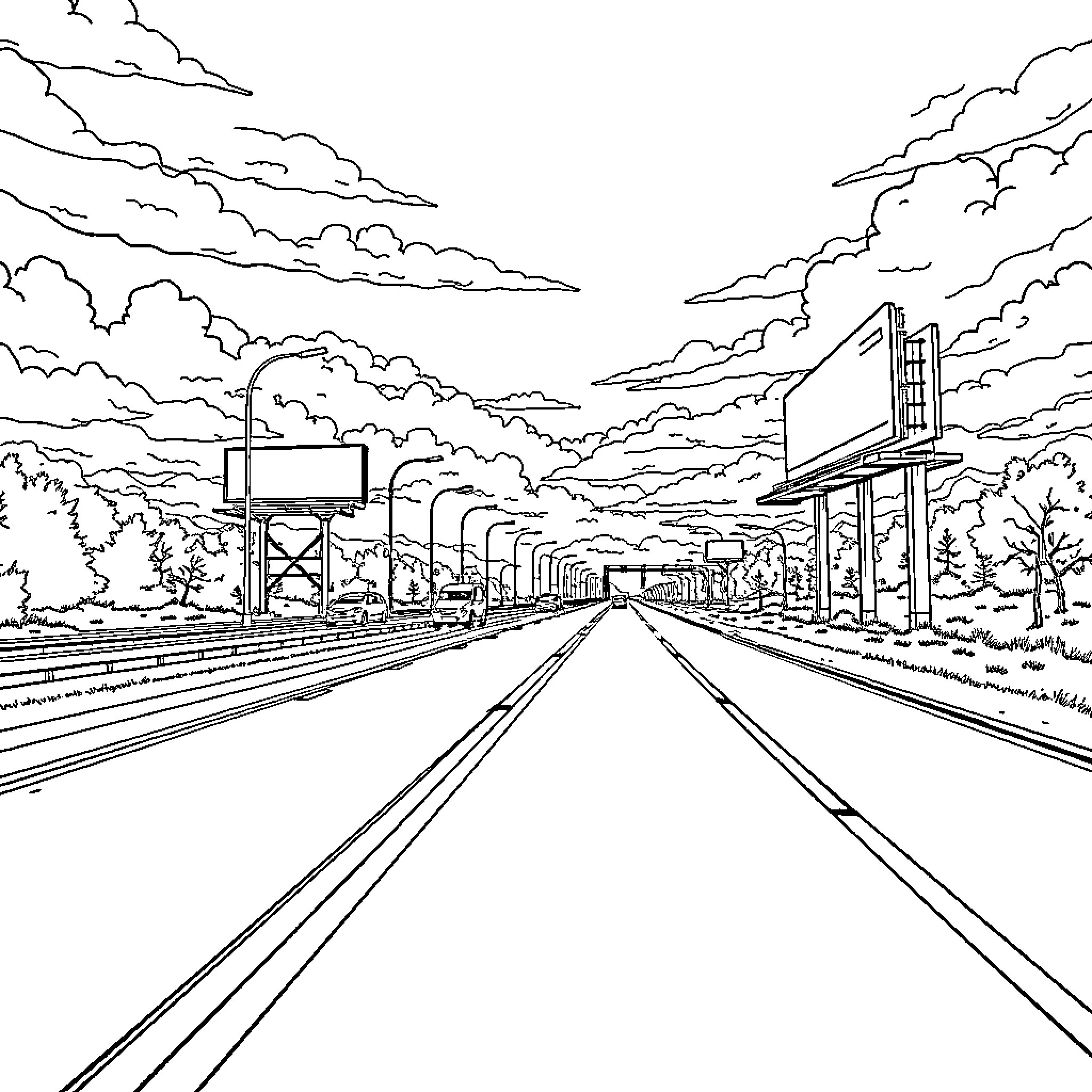 Highway with cloudy sky and empty town Coloring Page (free black-and-white line drawing printable PDF for all, from beginners to advanced learners, including children, teens, adults, and seniors)