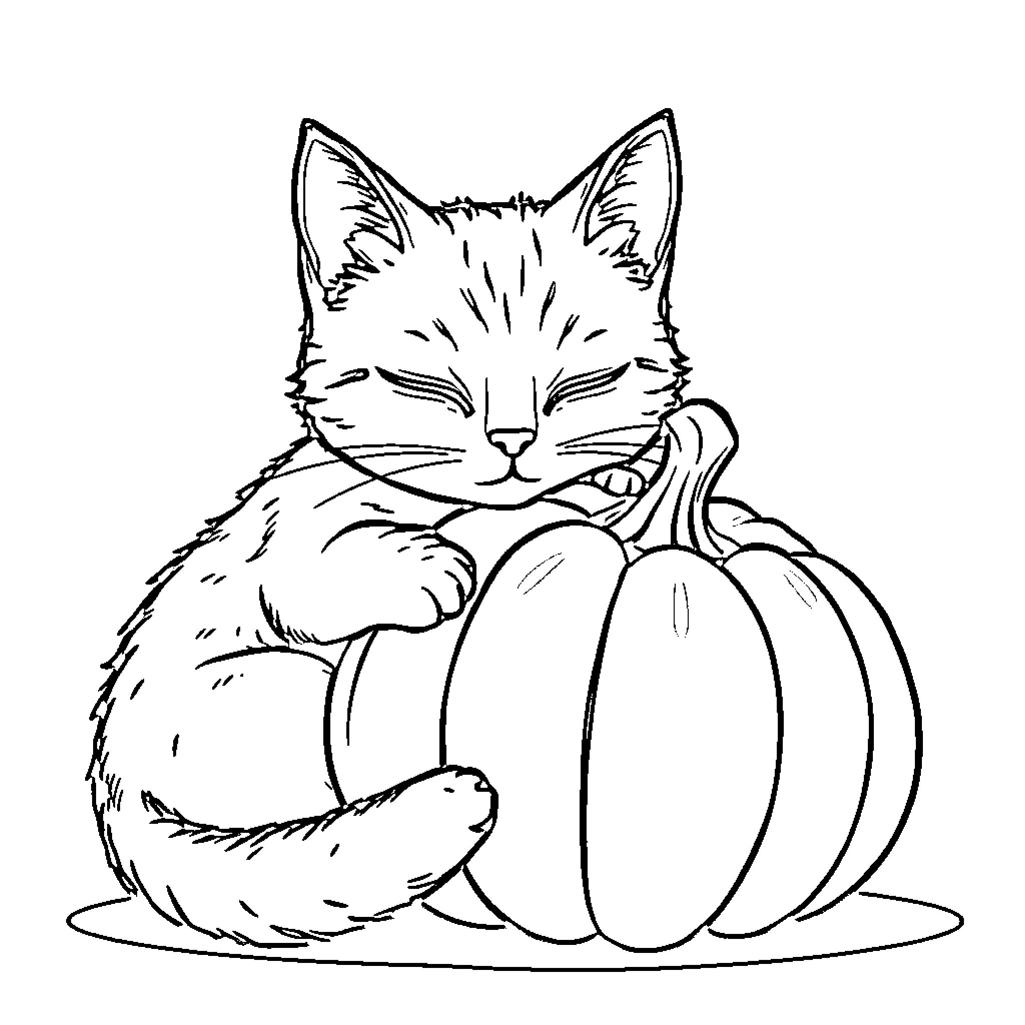 Cat curled up with pumpkin Coloring Page (free black-and-white line drawing printable PDF for all, from beginners to advanced learners, including children, teens, adults, and seniors)