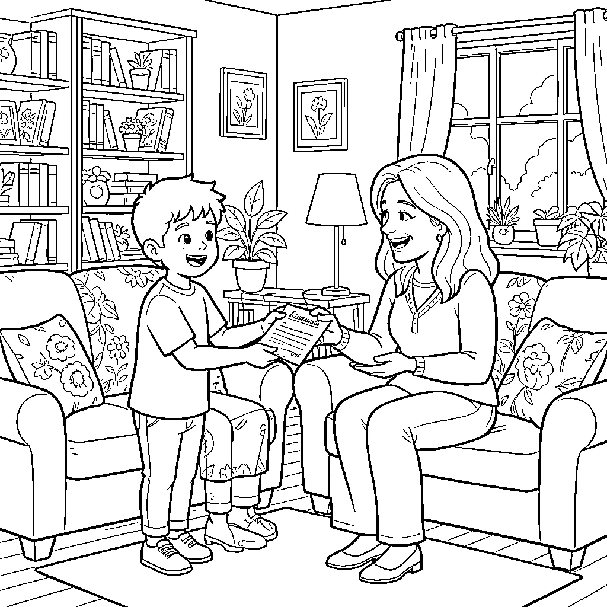 Student presenting an award to a smiling woman Coloring Page (free black-and-white line drawing printable PDF for all, from beginners to advanced learners, including children, teens, adults, and seniors)