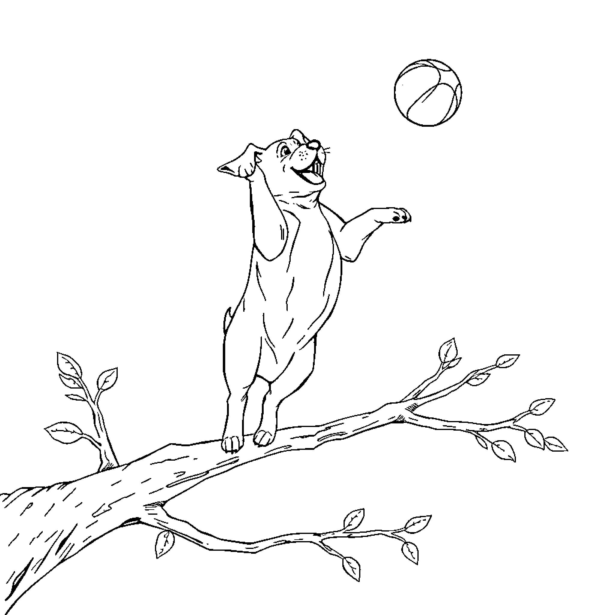 Dog playing joyfully with ball on tree branch Coloring Page (free black-and-white line drawing printable PDF for all, from beginners to advanced learners, including children, teens, adults, and seniors)