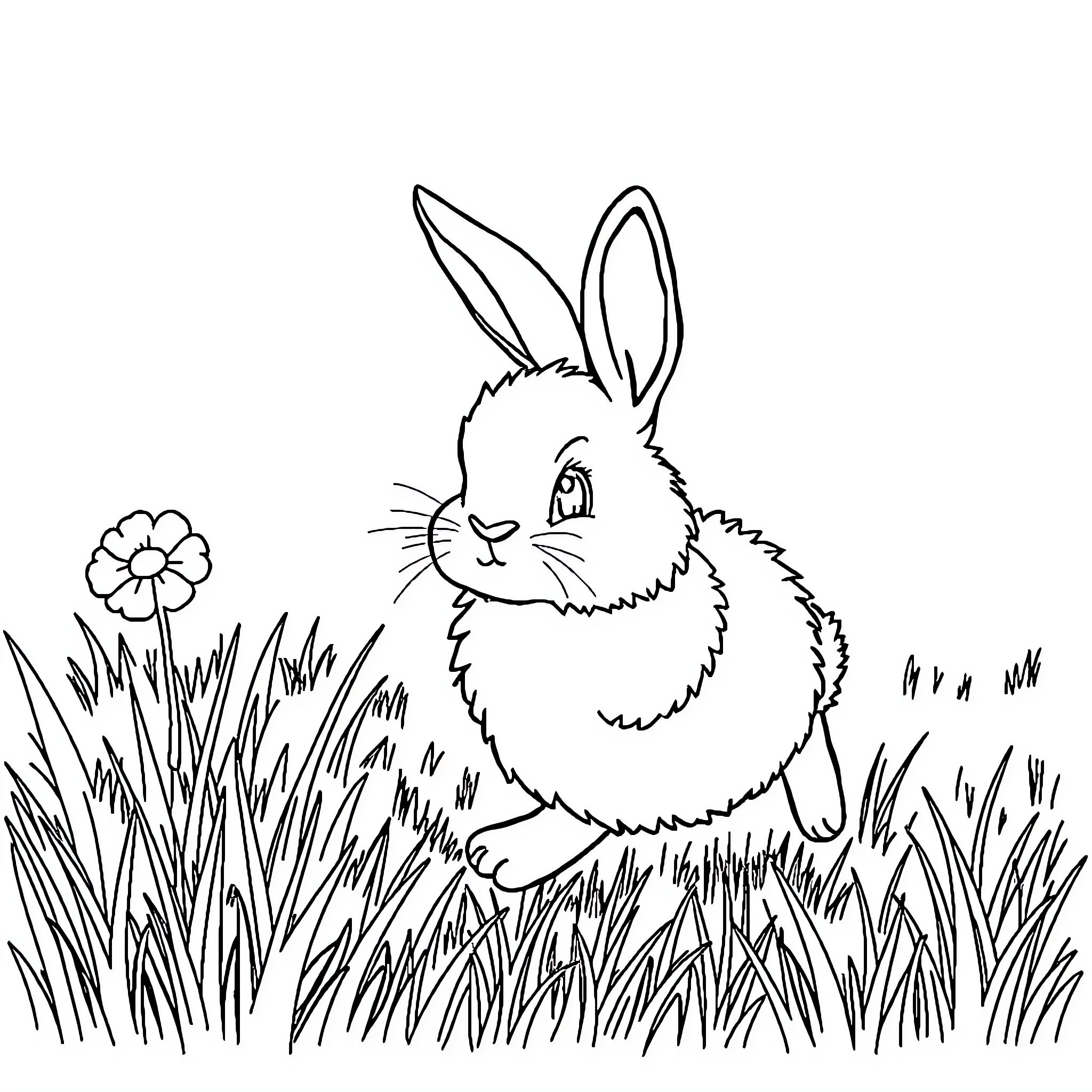 Rabbit resting peacefully in grassy meadow Coloring Page (free black-and-white line drawing printable PDF for all, from beginners to advanced learners, including children, teens, adults, and seniors)