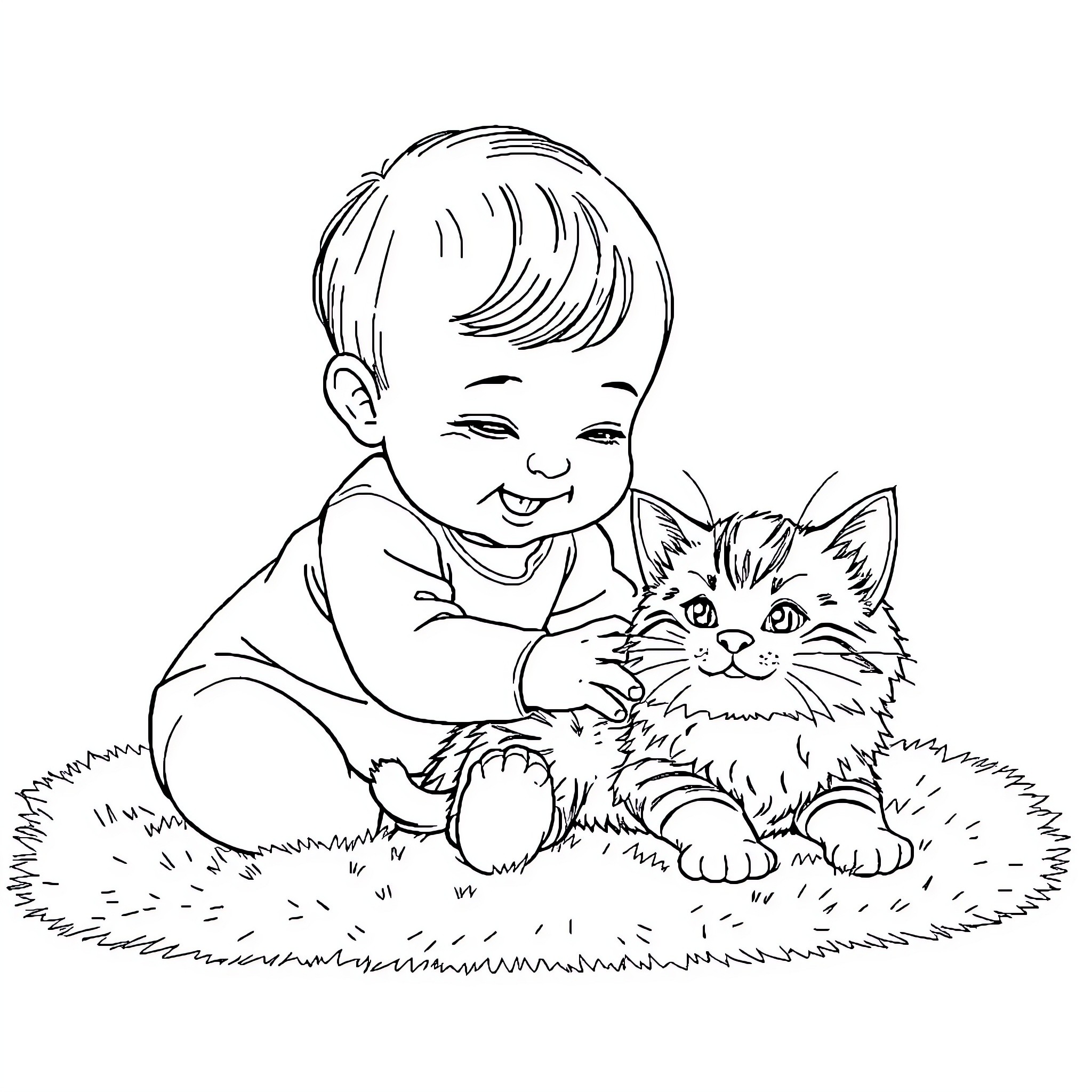 Baby playing happily with furry friend Coloring Page (free black-and-white line drawing printable PDF for all, from beginners to advanced learners, including children, teens, adults, and seniors)