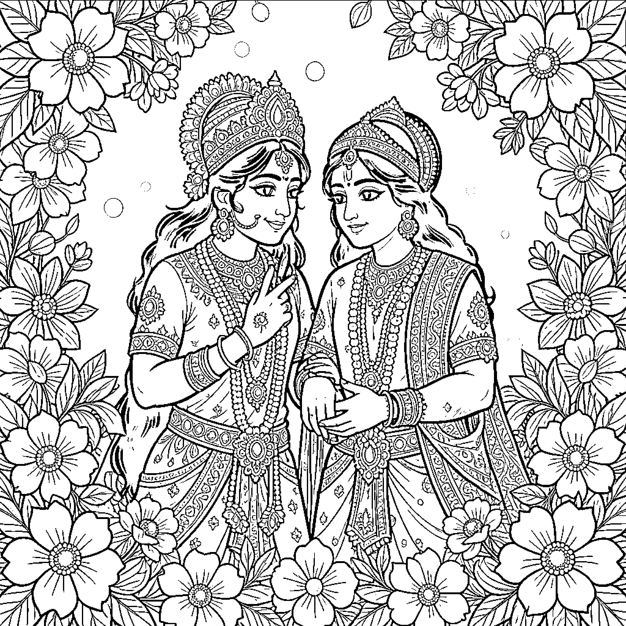 Radha Krishna - Affectionate Embrace Amidst Blooming Flowers Coloring Page (free black-and-white line drawing printable PDF for all, from beginners to advanced learners, including children, teens, adults, and seniors)