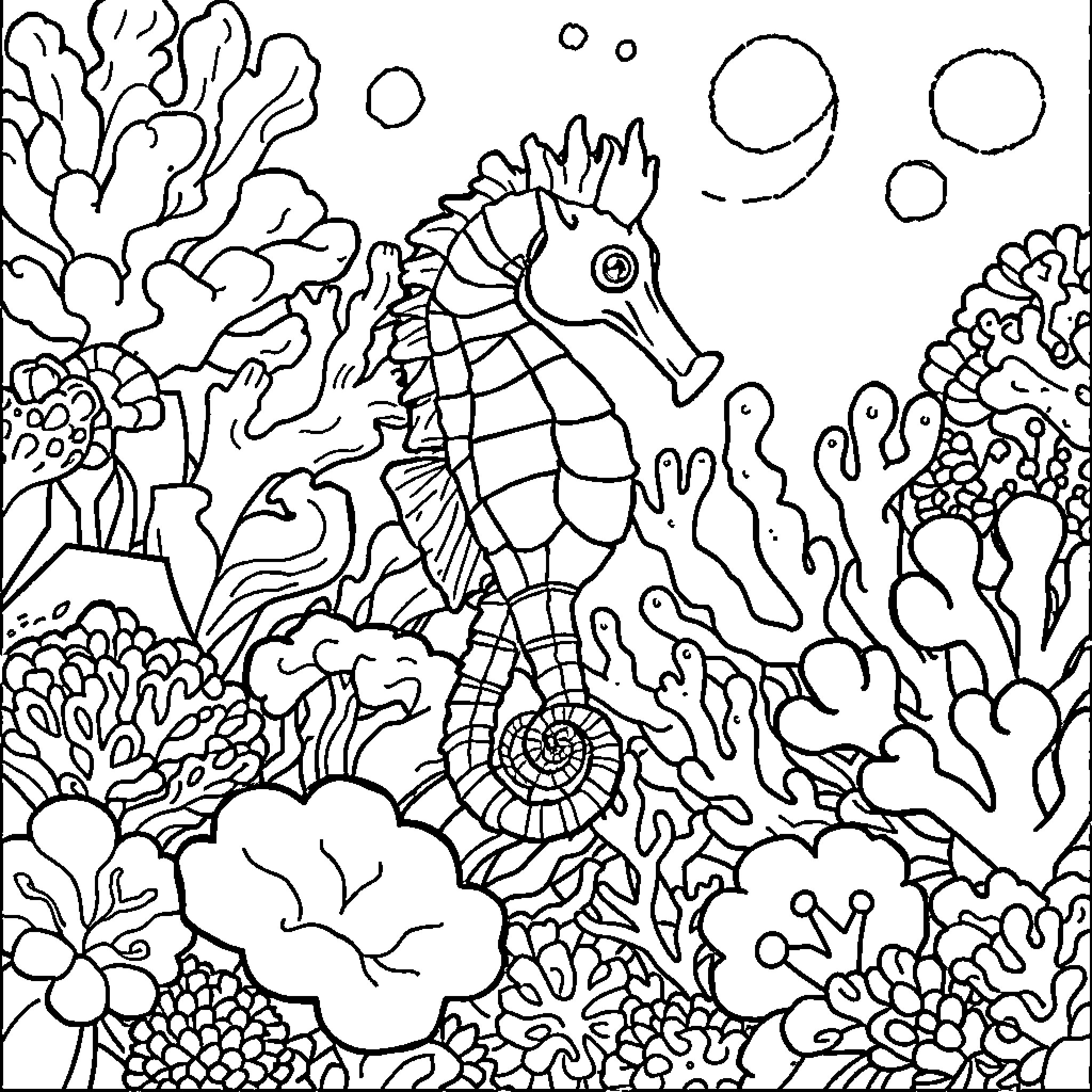 Sea Horse exploring vibrant underwater coral reef Coloring Page (free black-and-white line drawing printable PDF for all, from beginners to advanced learners, including children, teens, adults, and seniors)