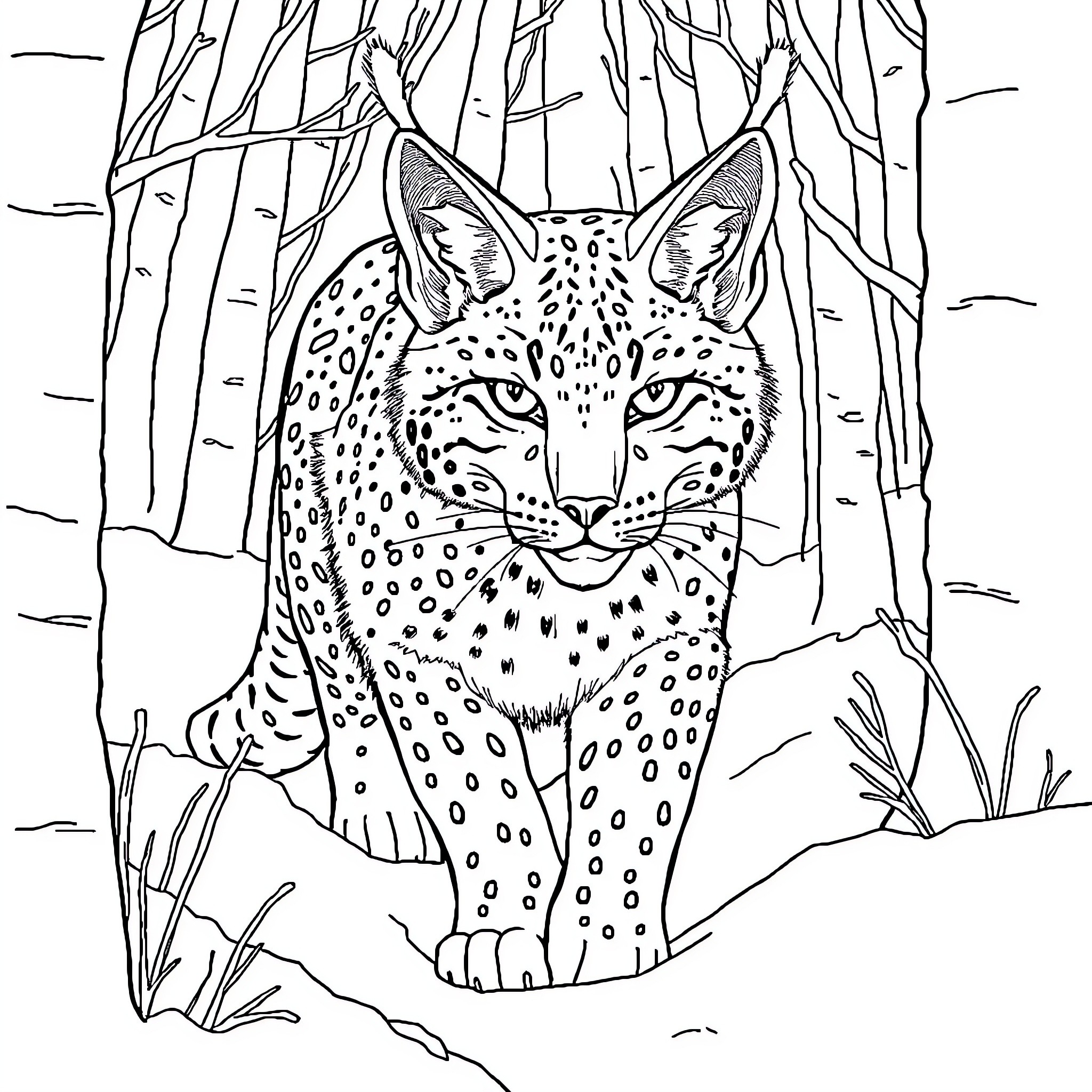 Lynx stalking silently in the forest Coloring Page (free black-and-white line drawing printable PDF for all, from beginners to advanced learners, including children, teens, adults, and seniors)