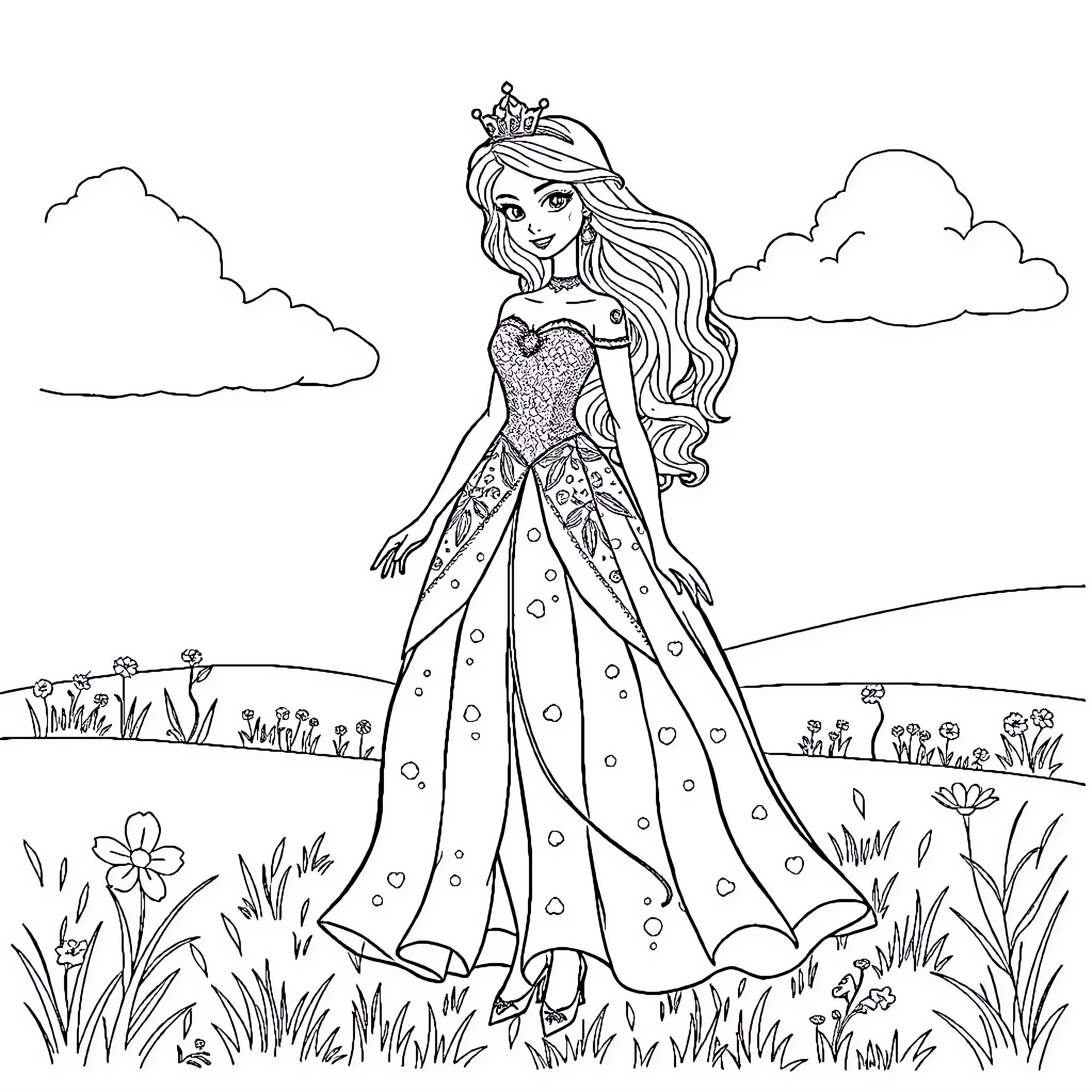 Princess Enjoying the Outdoors in Elegant Attire Coloring Page (free black-and-white line drawing printable PDF for all, from beginners to advanced learners, including children, teens, adults, and seniors)