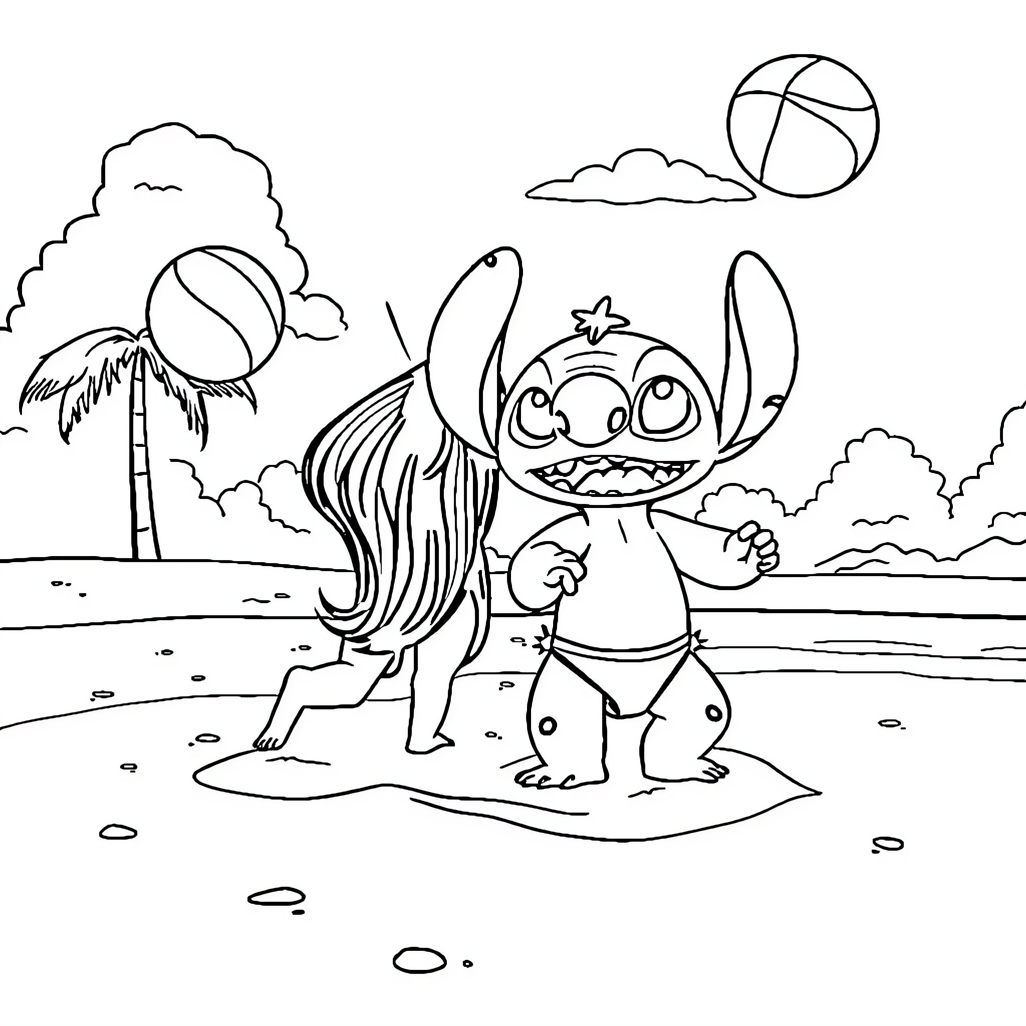 Vahiana's Lively Beach Adventure Coloring Page (free black-and-white line drawing printable PDF for all, from beginners to advanced learners, including children, teens, adults, and seniors)
