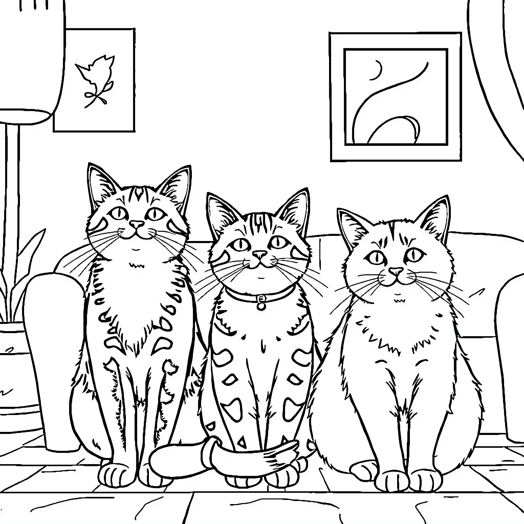 Cats Sitting Comfortably in Living Room Coloring Page (free black-and-white line drawing printable PDF for all, from beginners to advanced learners, including children, teens, adults, and seniors)