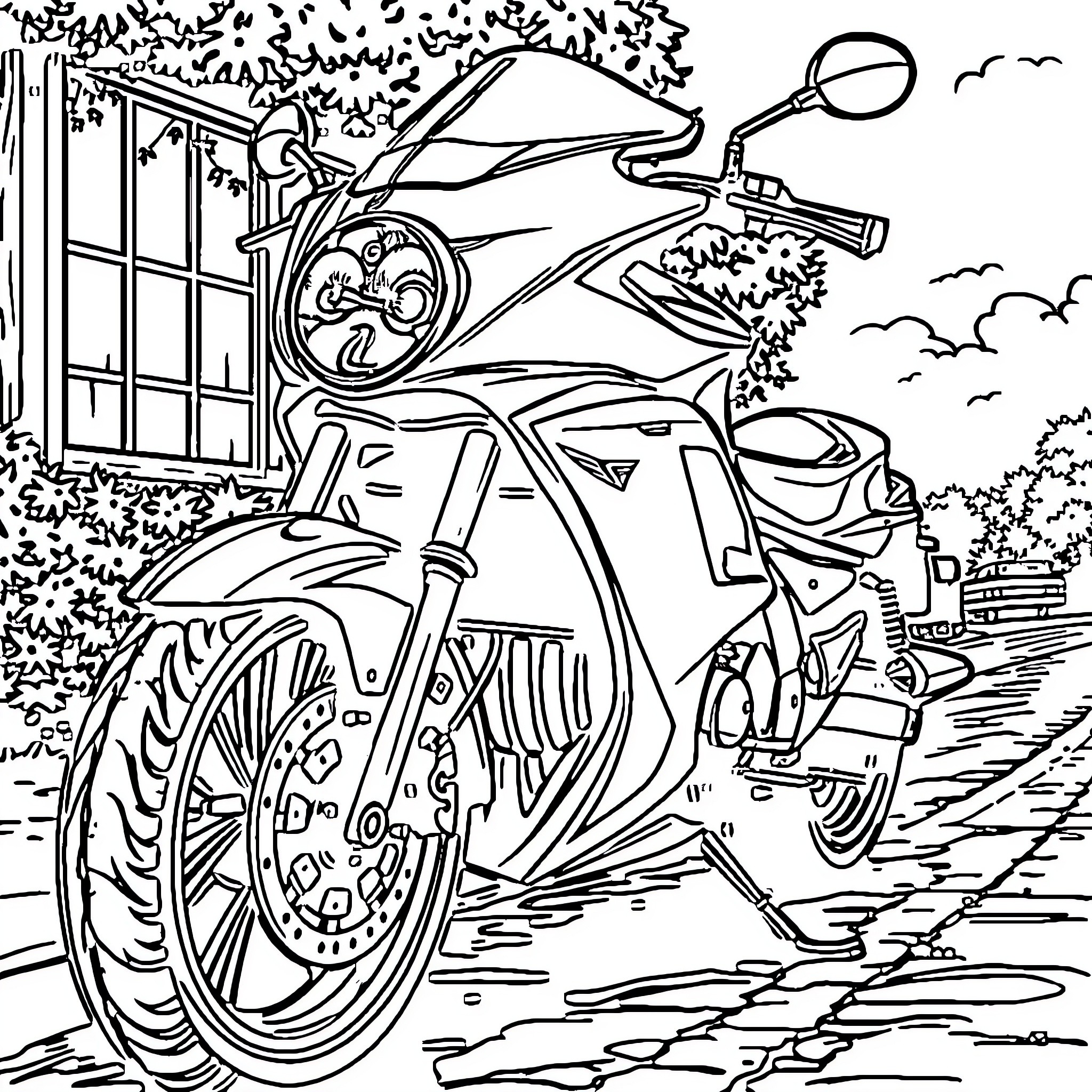 Motorcycle riding through scenic countryside Coloring Page (free black-and-white line drawing printable PDF for all, from beginners to advanced learners, including children, teens, adults, and seniors)