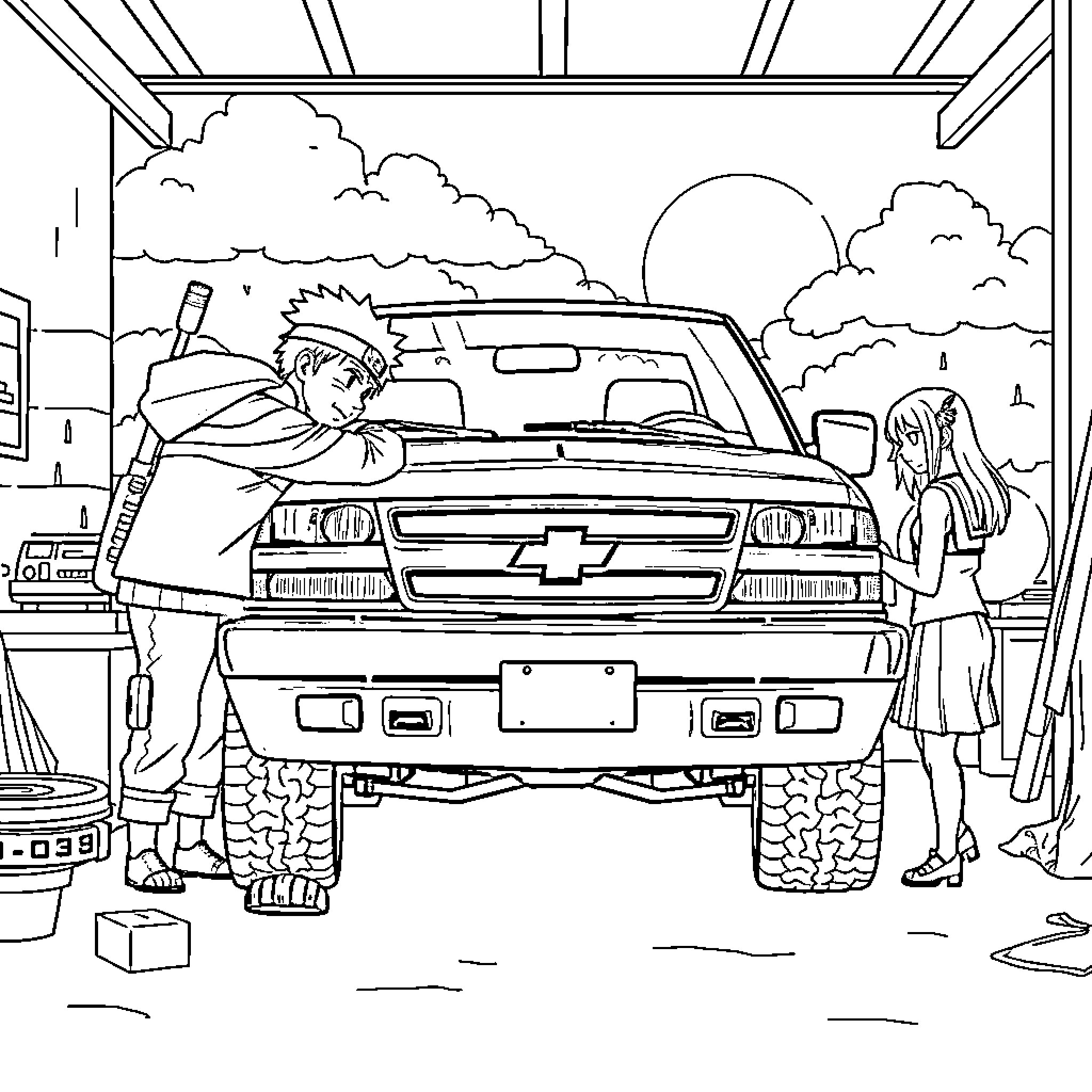 Naruto fixing his beloved off-road vehicle Coloring Page (free black-and-white line drawing printable PDF for all, from beginners to advanced learners, including children, teens, adults, and seniors)