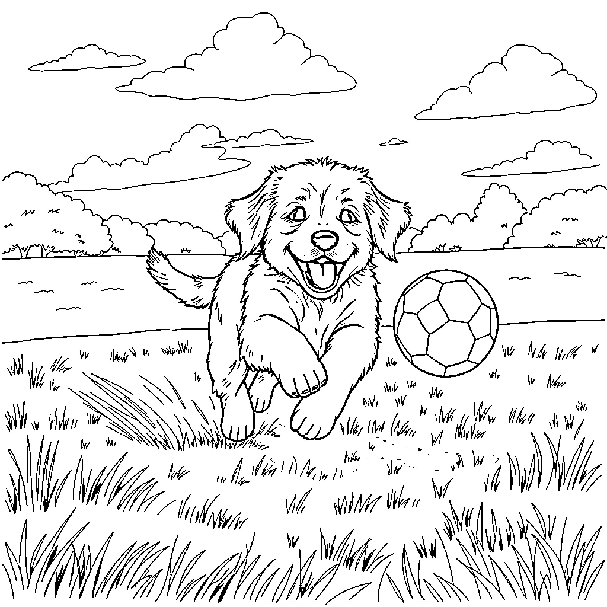 Golden Retriever playing joyfully with soccer ball in field Coloring Page (free black-and-white line drawing printable PDF for all, from beginners to advanced learners, including children, teens, adults, and seniors)