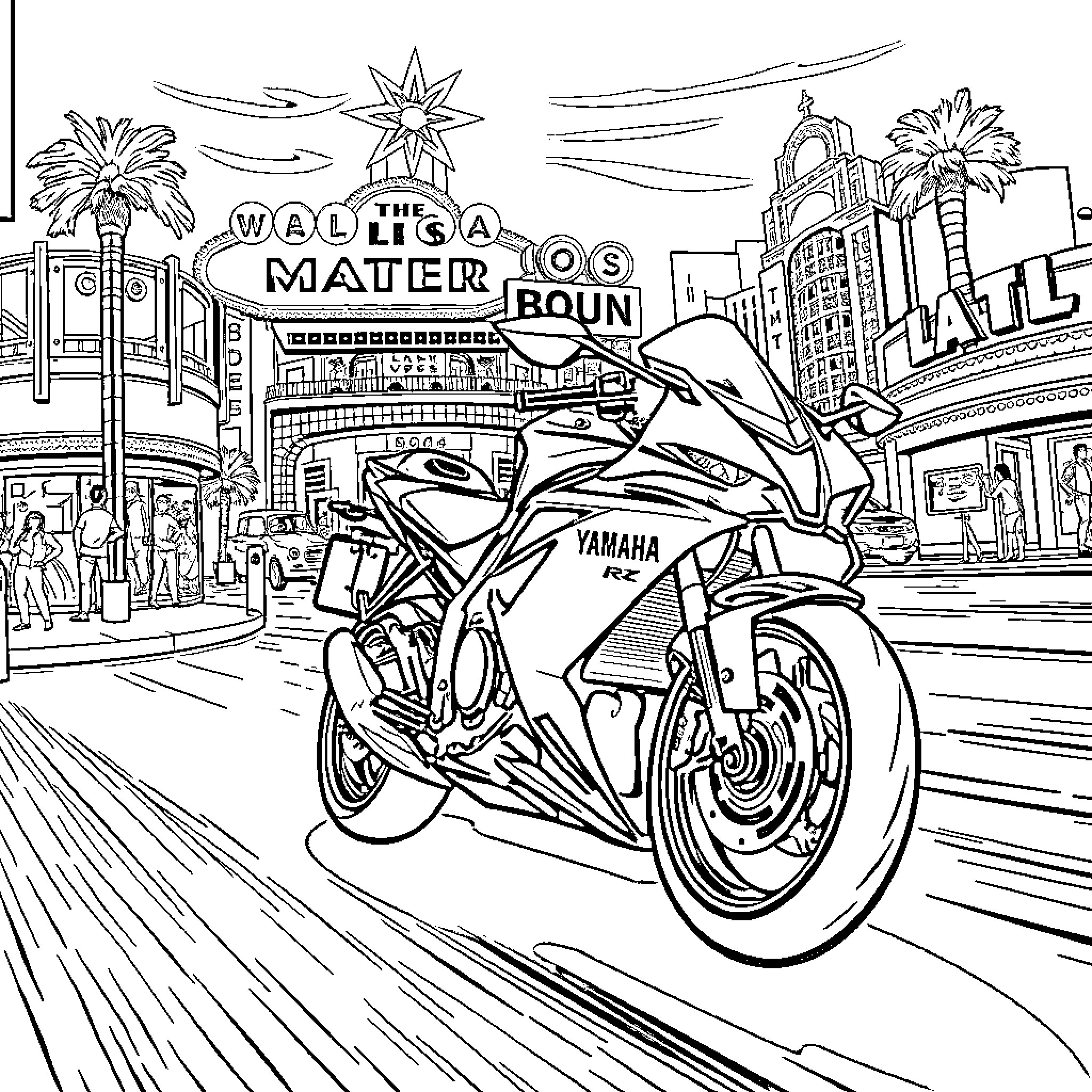 Yamaha R7 speeding through a bustling city street Coloring Page (free black-and-white line drawing printable PDF for all, from beginners to advanced learners, including children, teens, adults, and seniors)
