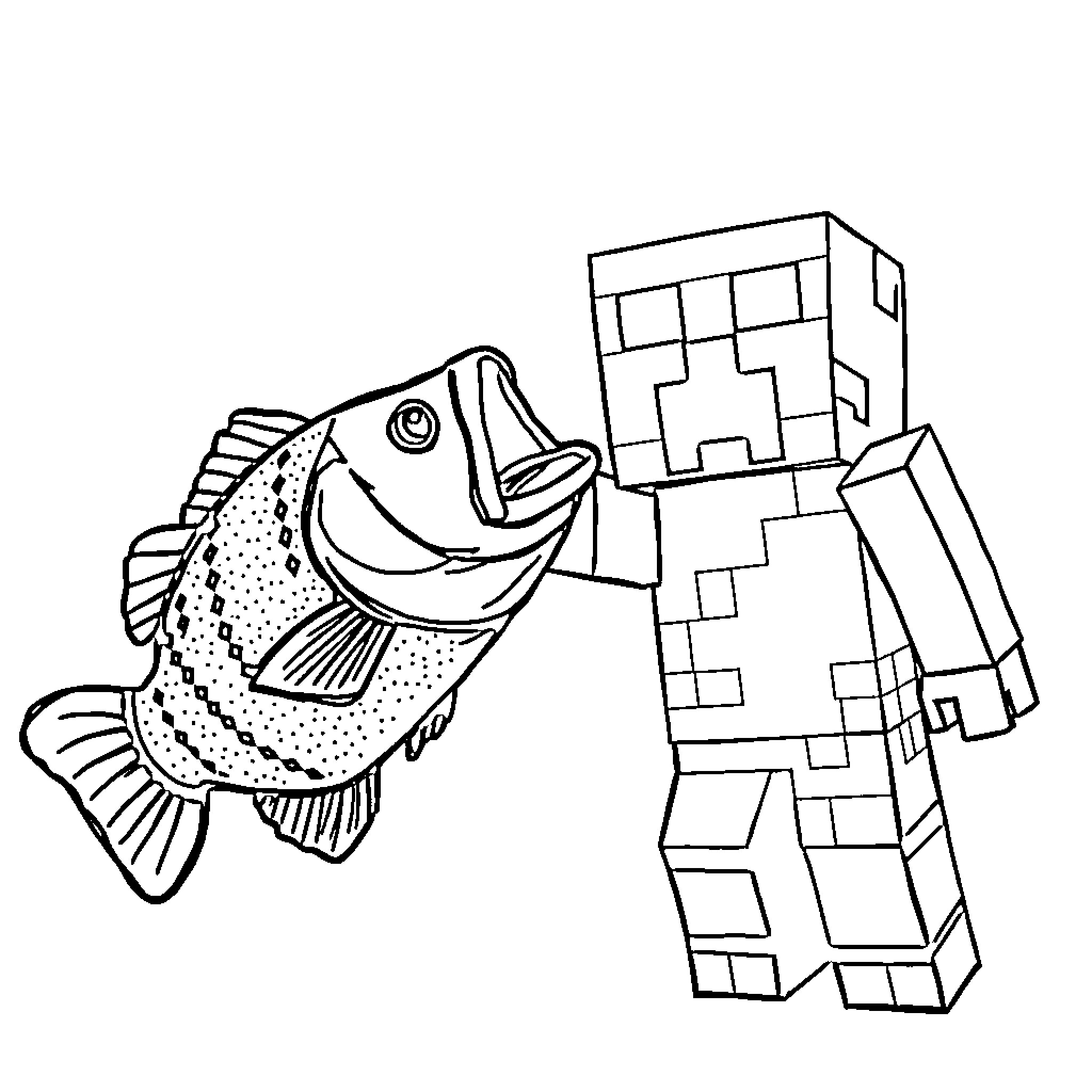 Bass exploring Minecraft character in black and white Coloring Page (free black-and-white line drawing printable PDF for all, from beginners to advanced learners, including children, teens, adults, and seniors)
