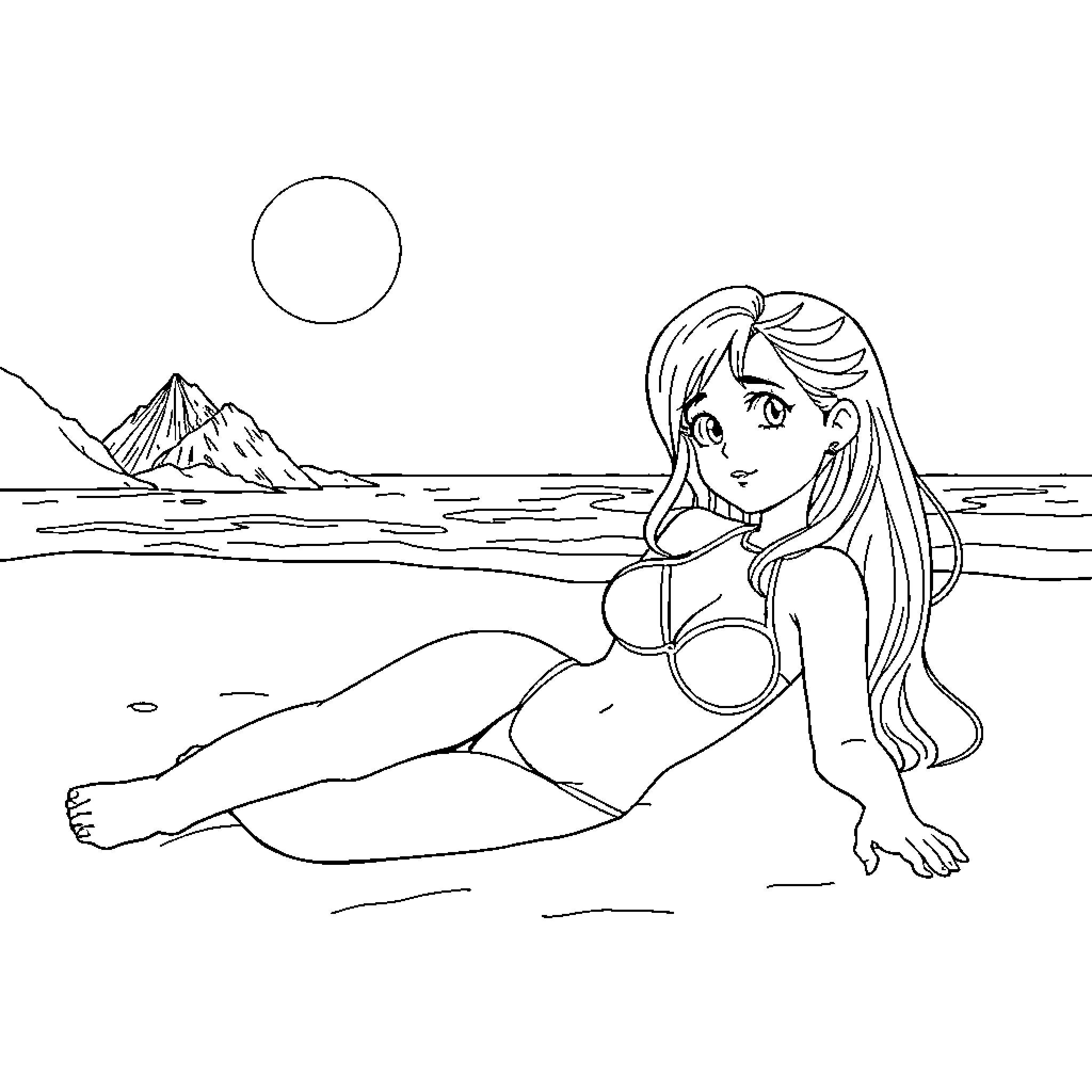 Tifa relaxing by the beach Coloring Page (free black-and-white line drawing printable PDF for all, from beginners to advanced learners, including children, teens, adults, and seniors)