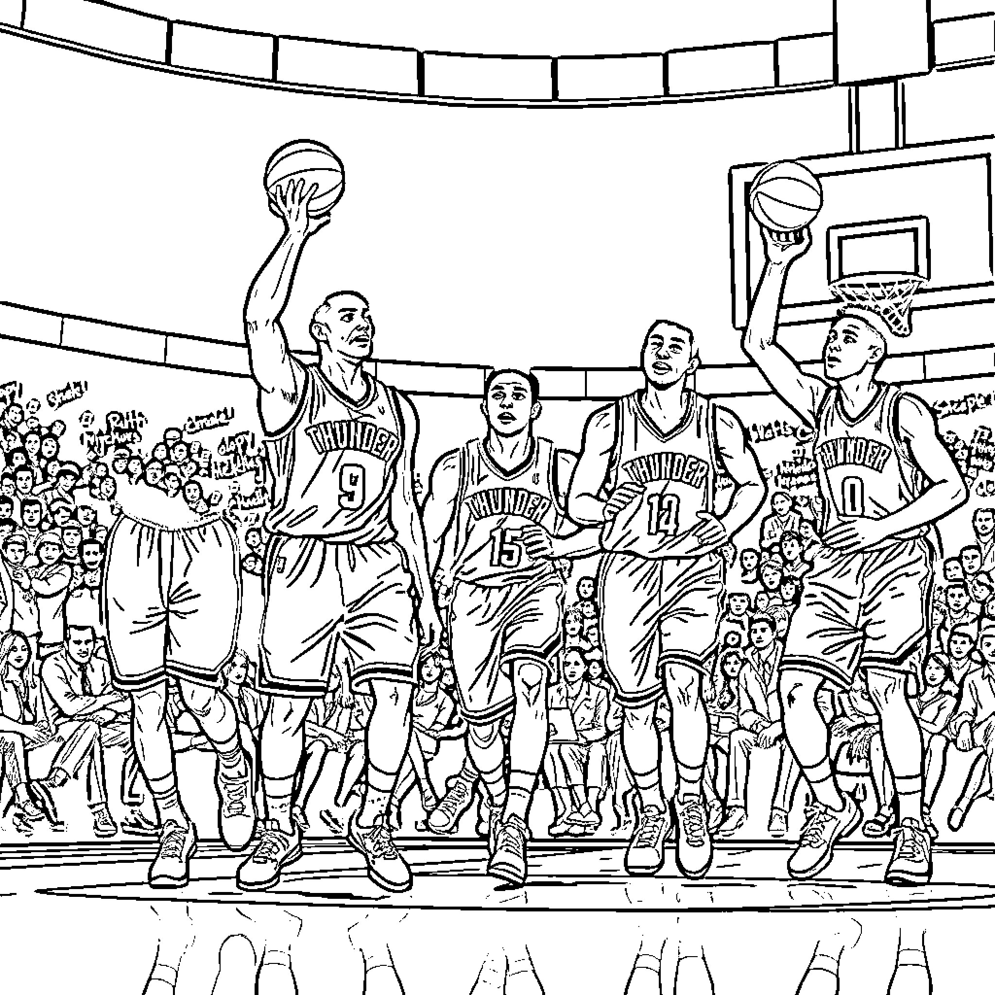 Thunder players battle on the basketball court Coloring Page (free black-and-white line drawing printable PDF for all, from beginners to advanced learners, including children, teens, adults, and seniors)