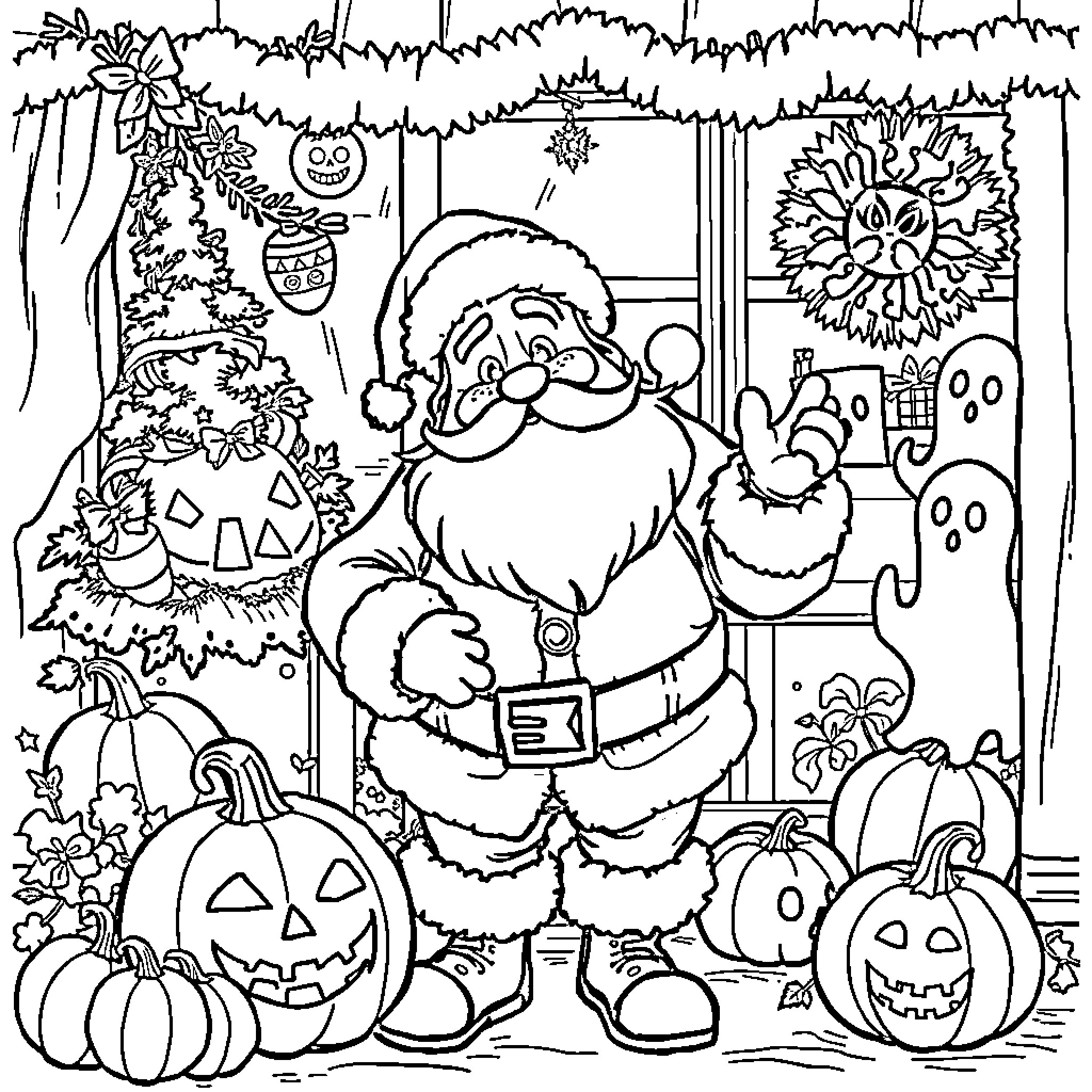 Santa's Christmas Cheer and Holiday Decorations Coloring Page (free black-and-white line drawing printable PDF for all, from beginners to advanced learners, including children, teens, adults, and seniors)