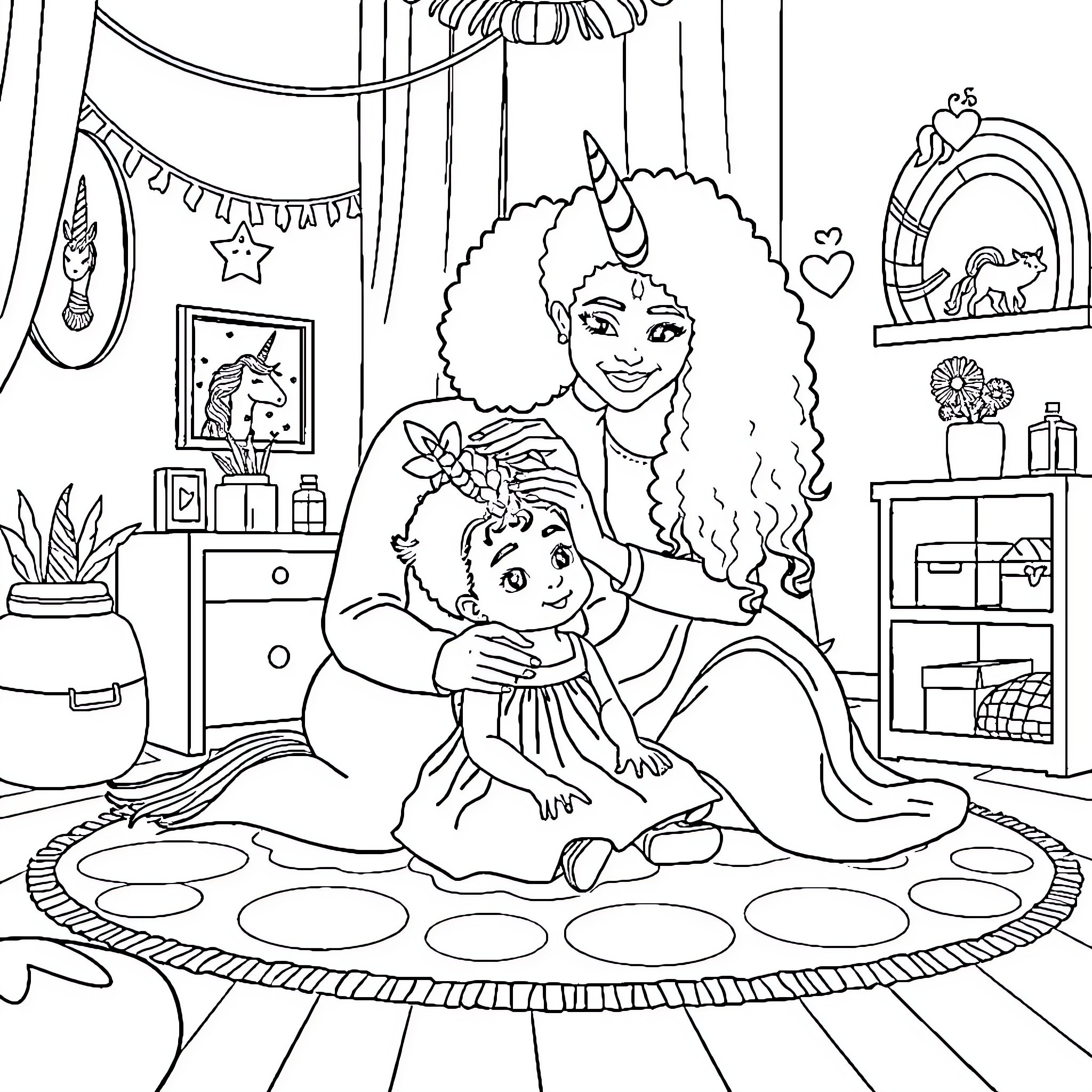 Girl Playing with a Friend in a Whimsical Room Coloring Page (free black-and-white line drawing printable PDF for all, from beginners to advanced learners, including children, teens, adults, and seniors)