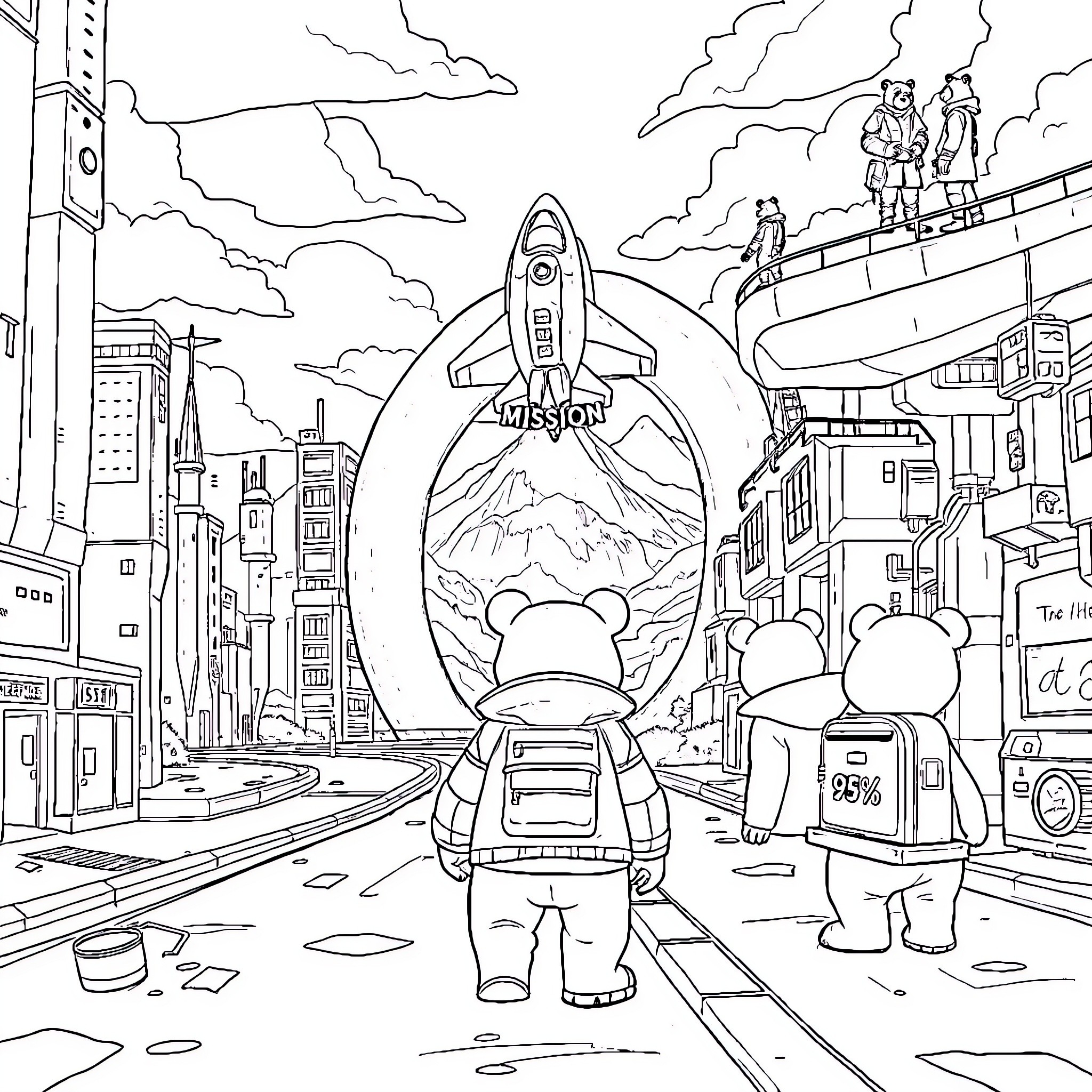 Bear exploring the city with rocket ship launch Coloring Page (free black-and-white line drawing printable PDF for all, from beginners to advanced learners, including children, teens, adults, and seniors)