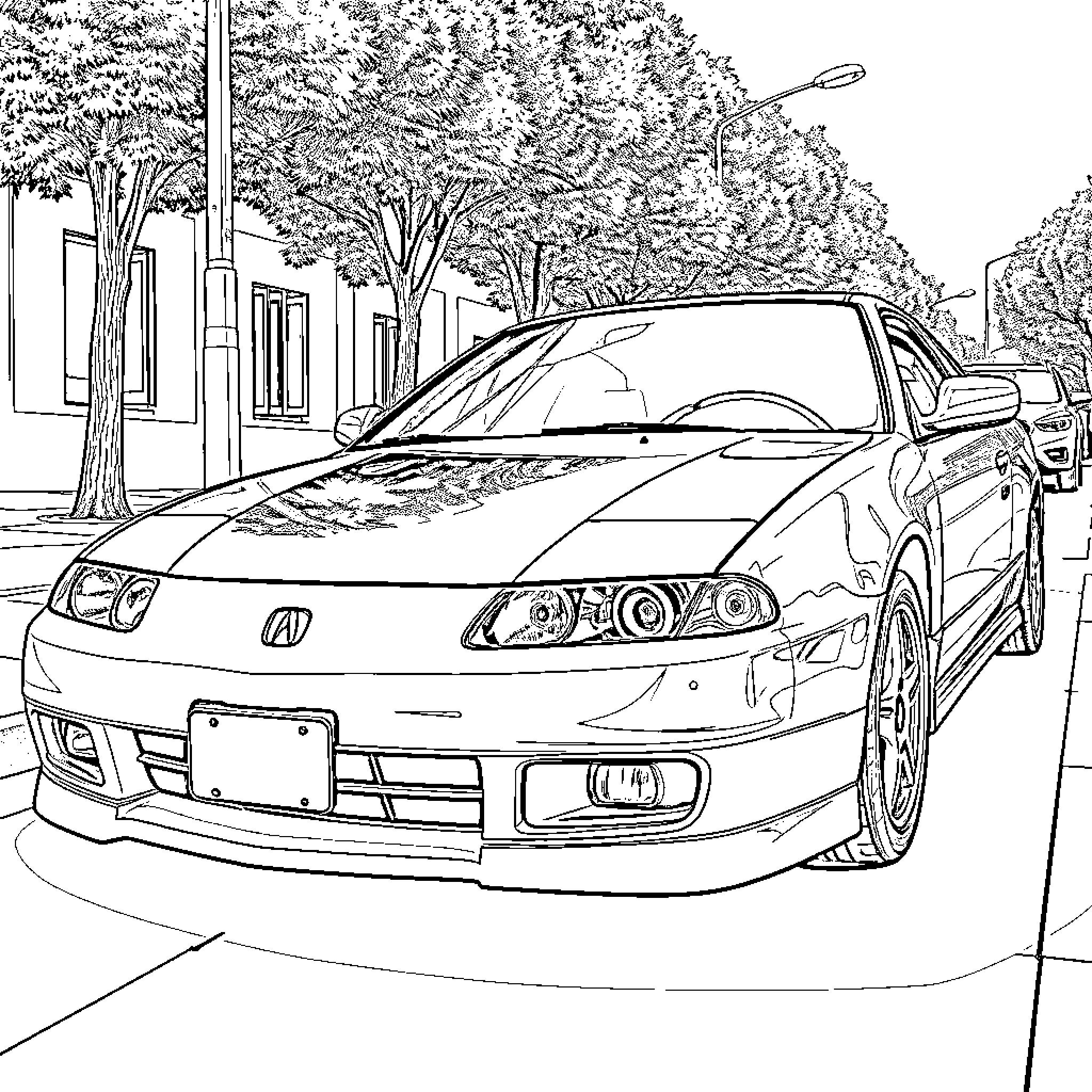 Acura sports car on city street Coloring Page (free black-and-white line drawing printable PDF for all, from beginners to advanced learners, including children, teens, adults, and seniors)