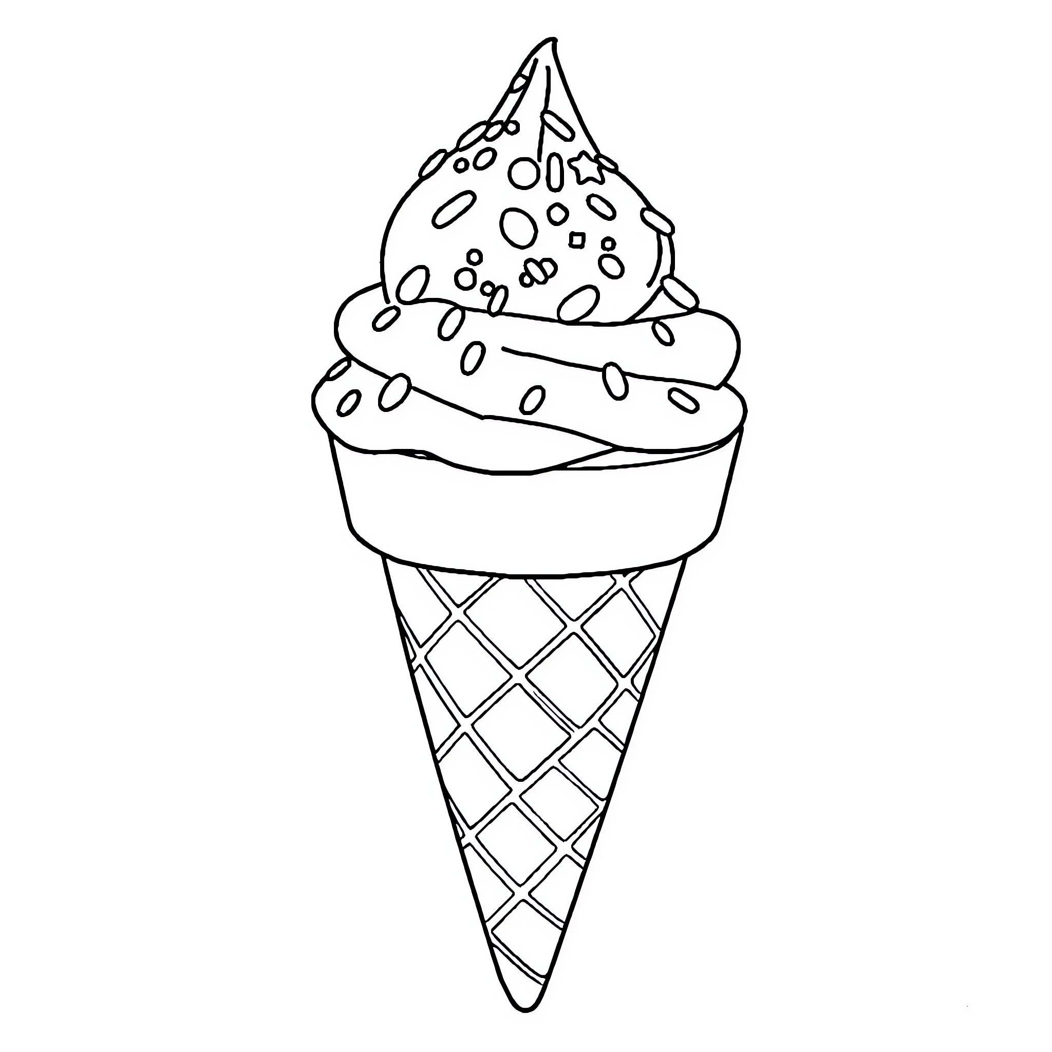 Ice Cream Cone with Decorative Topping Coloring Page (free black-and-white line drawing printable PDF for all, from beginners to advanced learners, including children, teens, adults, and seniors)