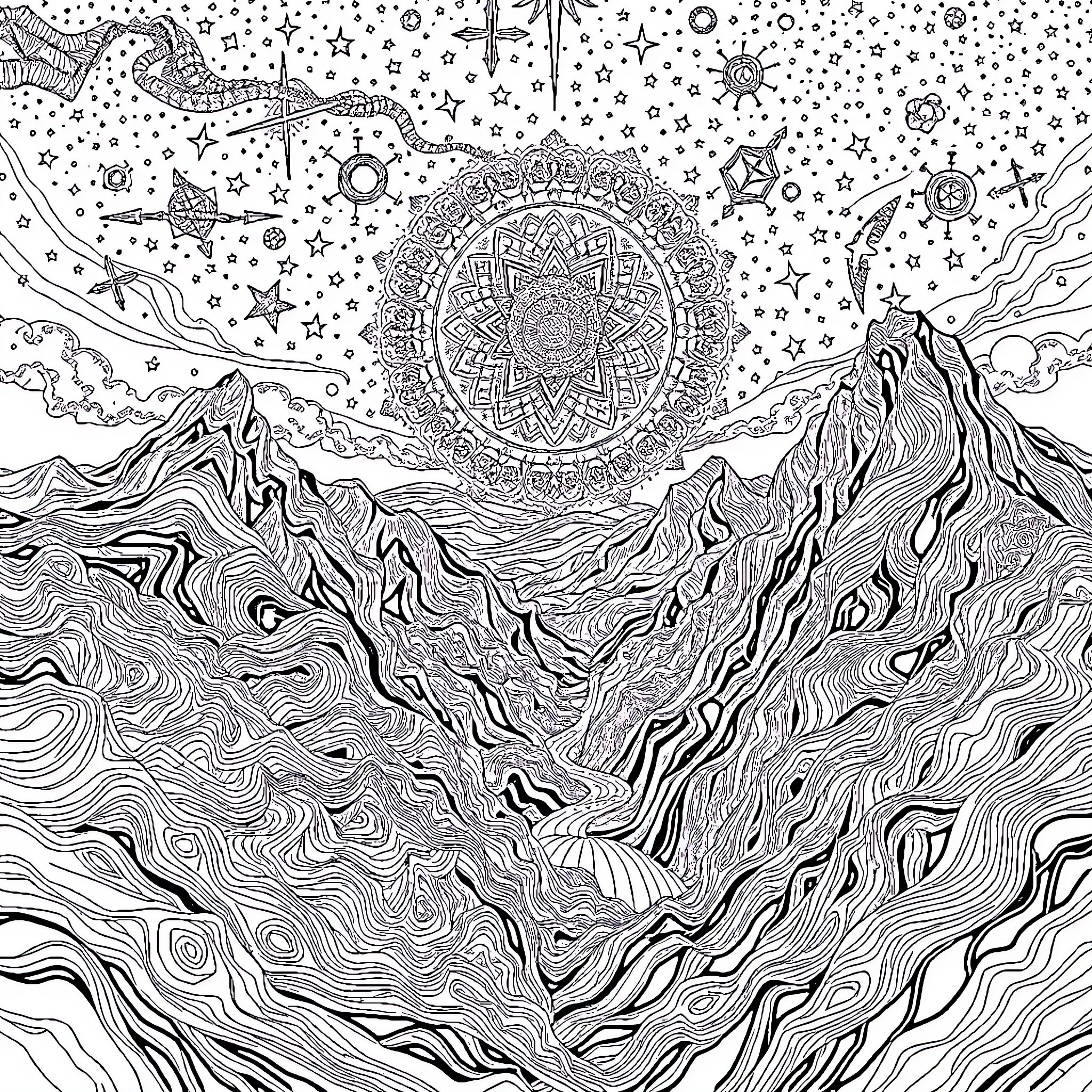 Mandala of Celestial Landscapes Coloring Page (free black-and-white line drawing printable PDF for all, from beginners to advanced learners, including children, teens, adults, and seniors)