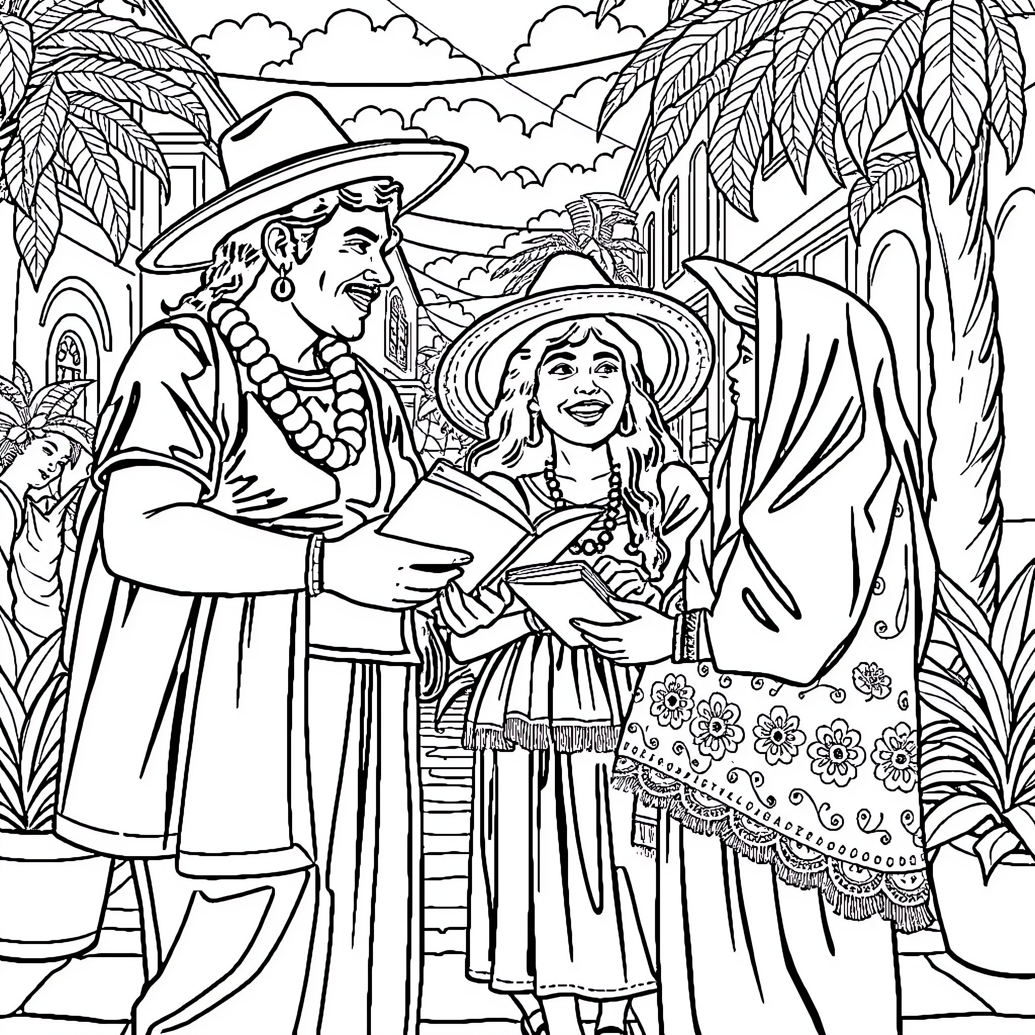 Venezolanos in traditional attire celebrate culture Coloring Page (free black-and-white line drawing printable PDF for all, from beginners to advanced learners, including children, teens, adults, and seniors)