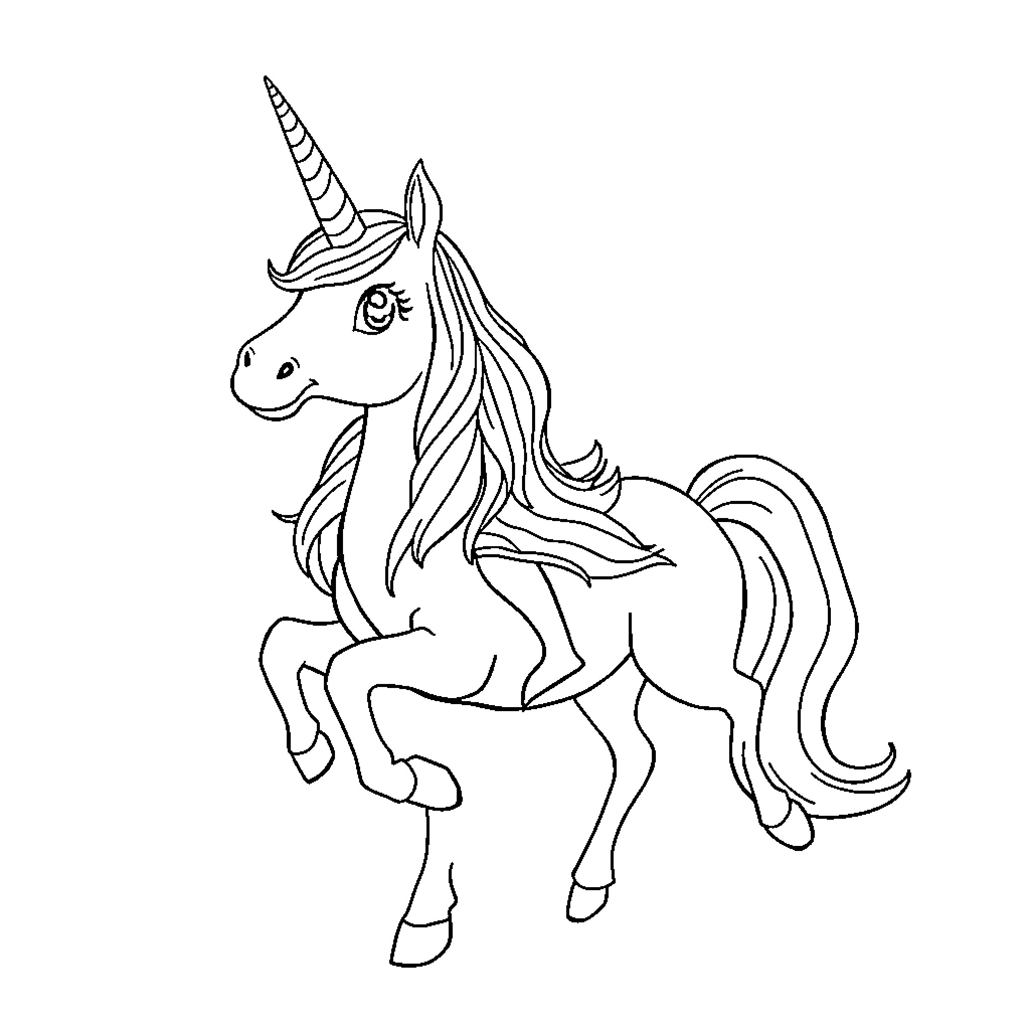 Trottie the Playful Unicorn Coloring Page (free black-and-white line drawing printable PDF for all, from beginners to advanced learners, including children, teens, adults, and seniors)