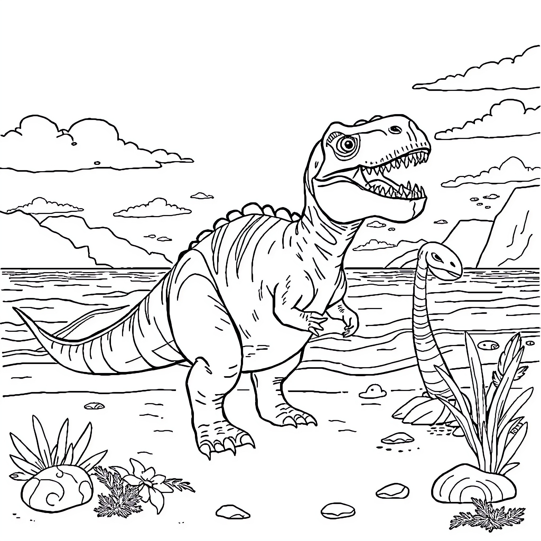 Dinosaur roaming in prehistoric landscape Coloring Page (free black-and-white line drawing printable PDF for all, from beginners to advanced learners, including children, teens, adults, and seniors)