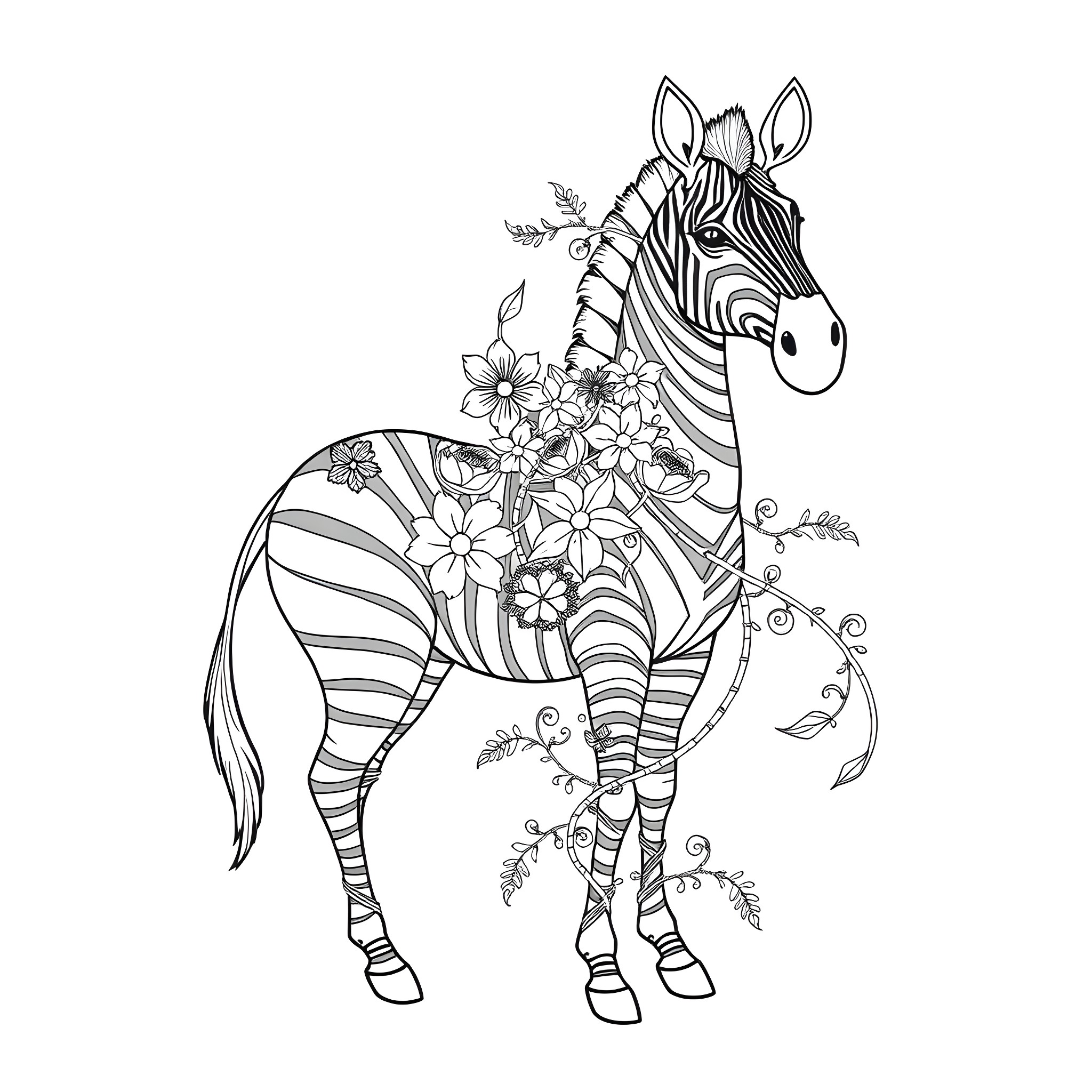 Zebra adorned with whimsical floral patterns Coloring Page (free black-and-white line drawing printable PDF for all, from beginners to advanced learners, including children, teens, adults, and seniors)