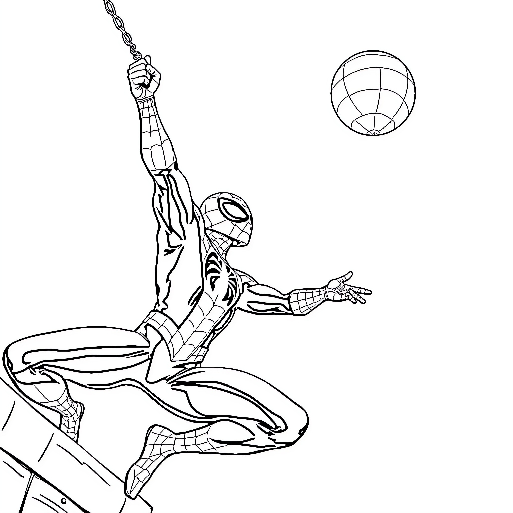 Spider-Man swinging from web and webslinging action Coloring Page (free black-and-white line drawing printable PDF for all, from beginners to advanced learners, including children, teens, adults, and seniors)