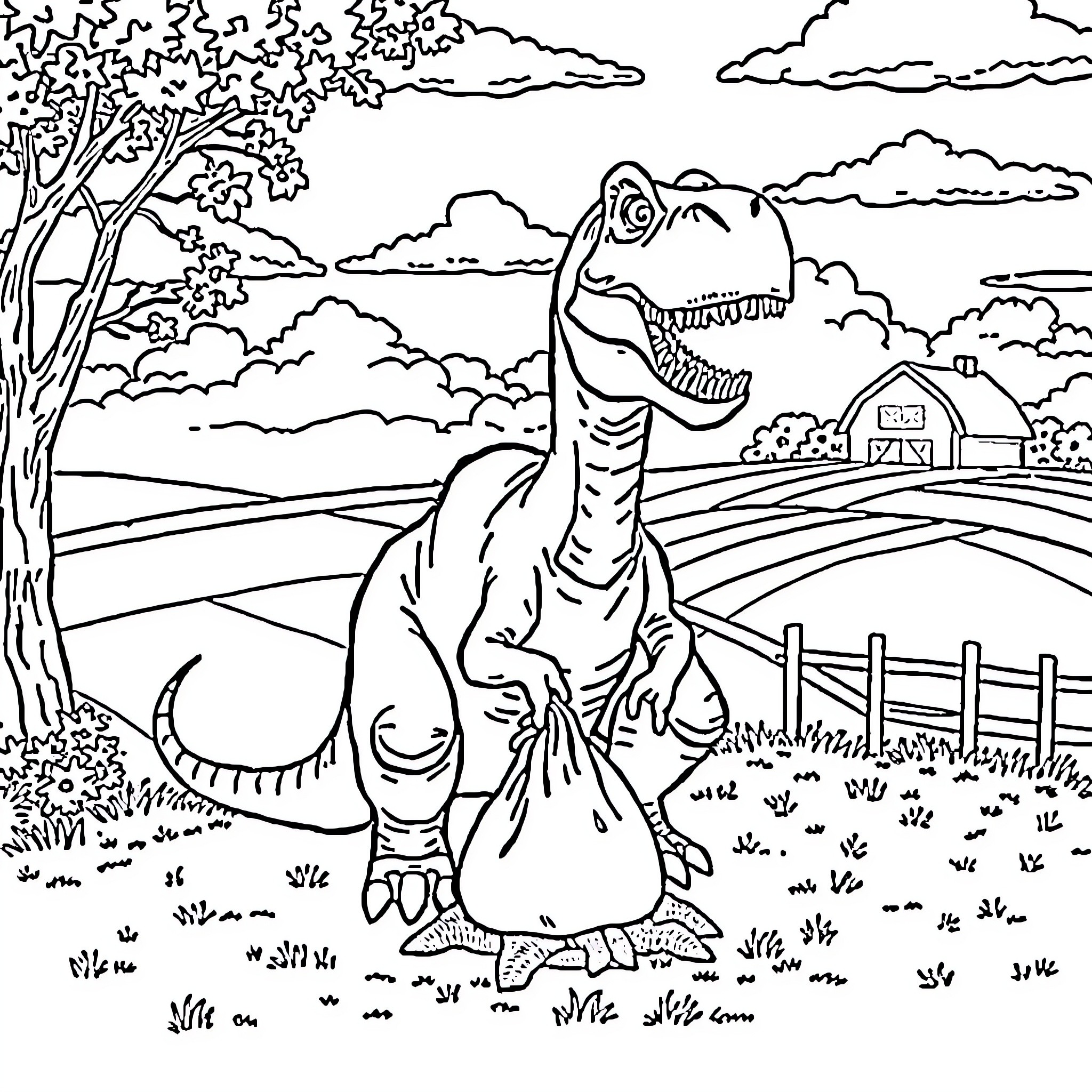 Dinosaur roaming through pastoral landscape Coloring Page (free black-and-white line drawing printable PDF for all, from beginners to advanced learners, including children, teens, adults, and seniors)