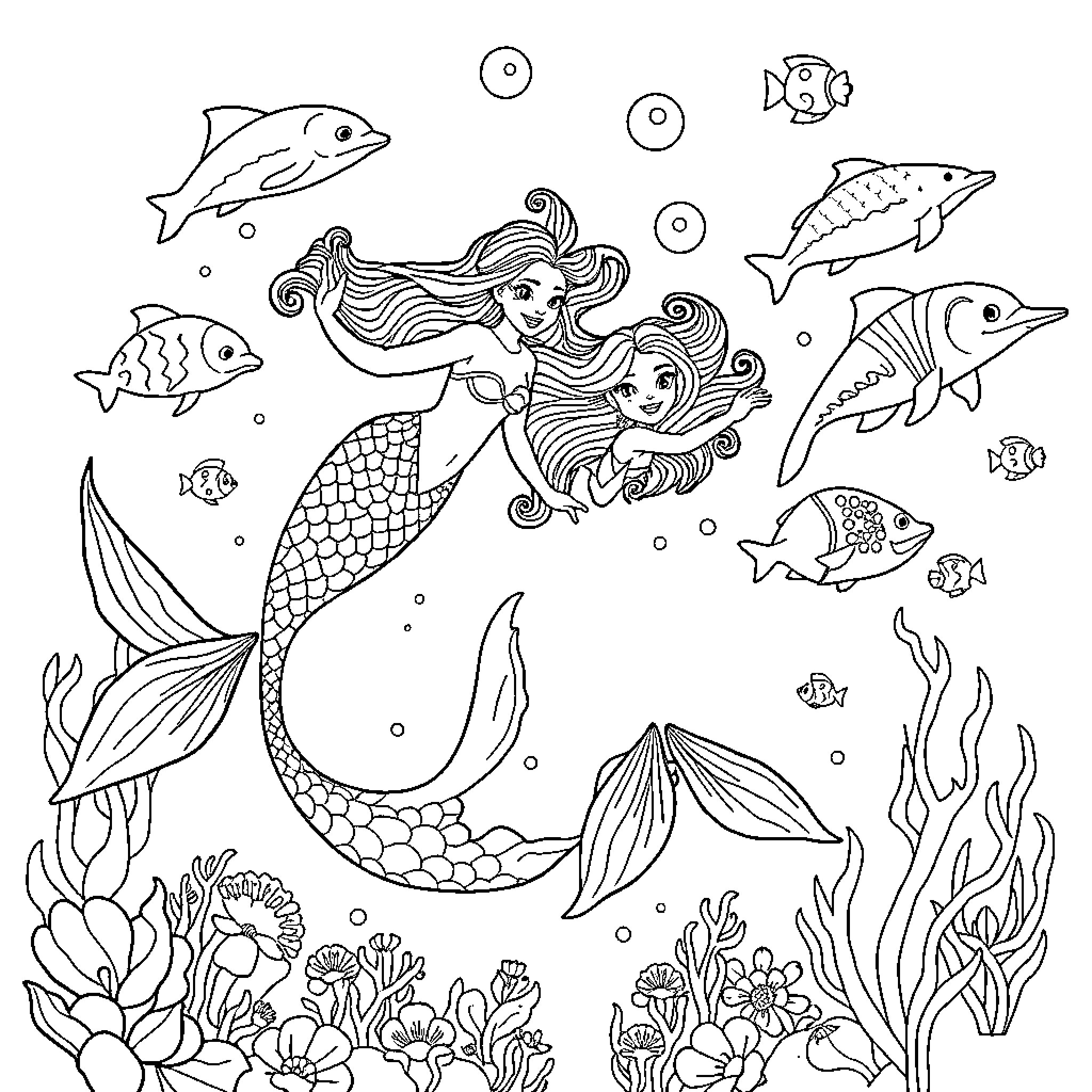 Mermaid swimming gracefully among vibrant sea creatures Coloring Page (free black-and-white line drawing printable PDF for all, from beginners to advanced learners, including children, teens, adults, and seniors)