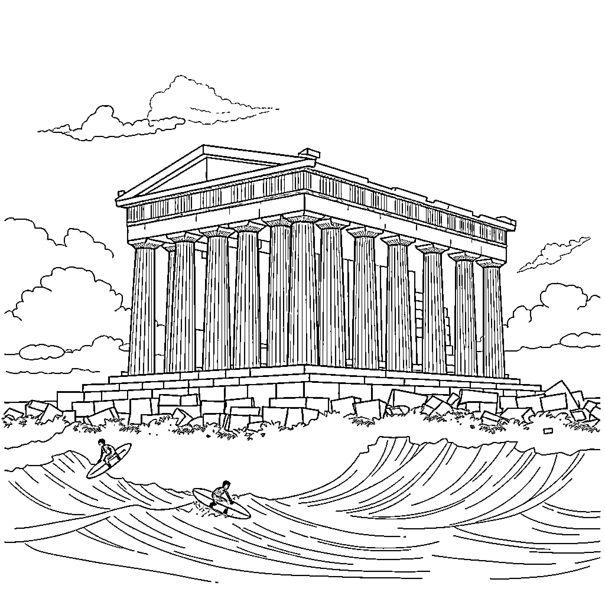 Temple overlooking ancient ruins and crashing waves Coloring Page (free black-and-white line drawing printable PDF for all, from beginners to advanced learners, including children, teens, adults, and seniors)