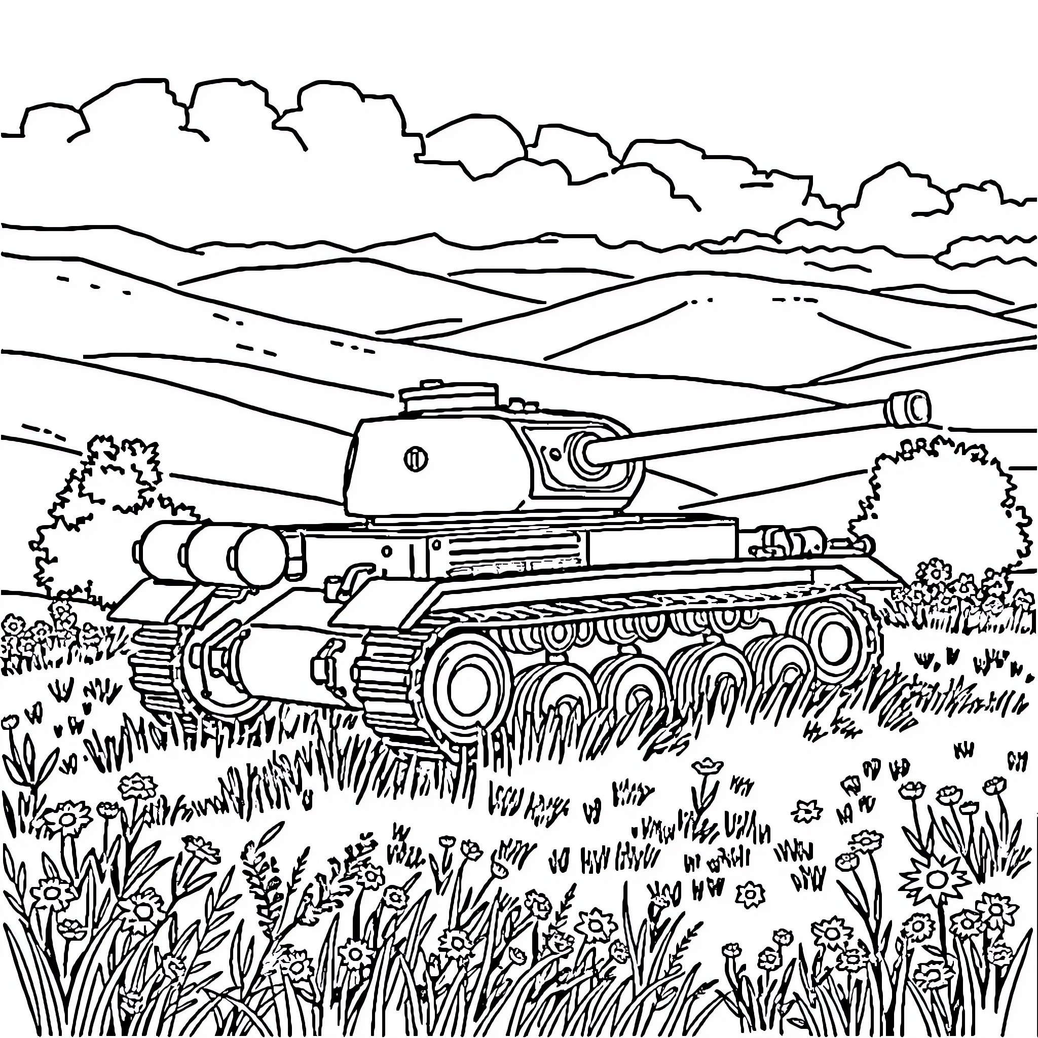 Pannier Tank Navigating Scenic Countryside Landscape Coloring Page (free black-and-white line drawing printable PDF for all, from beginners to advanced learners, including children, teens, adults, and seniors)